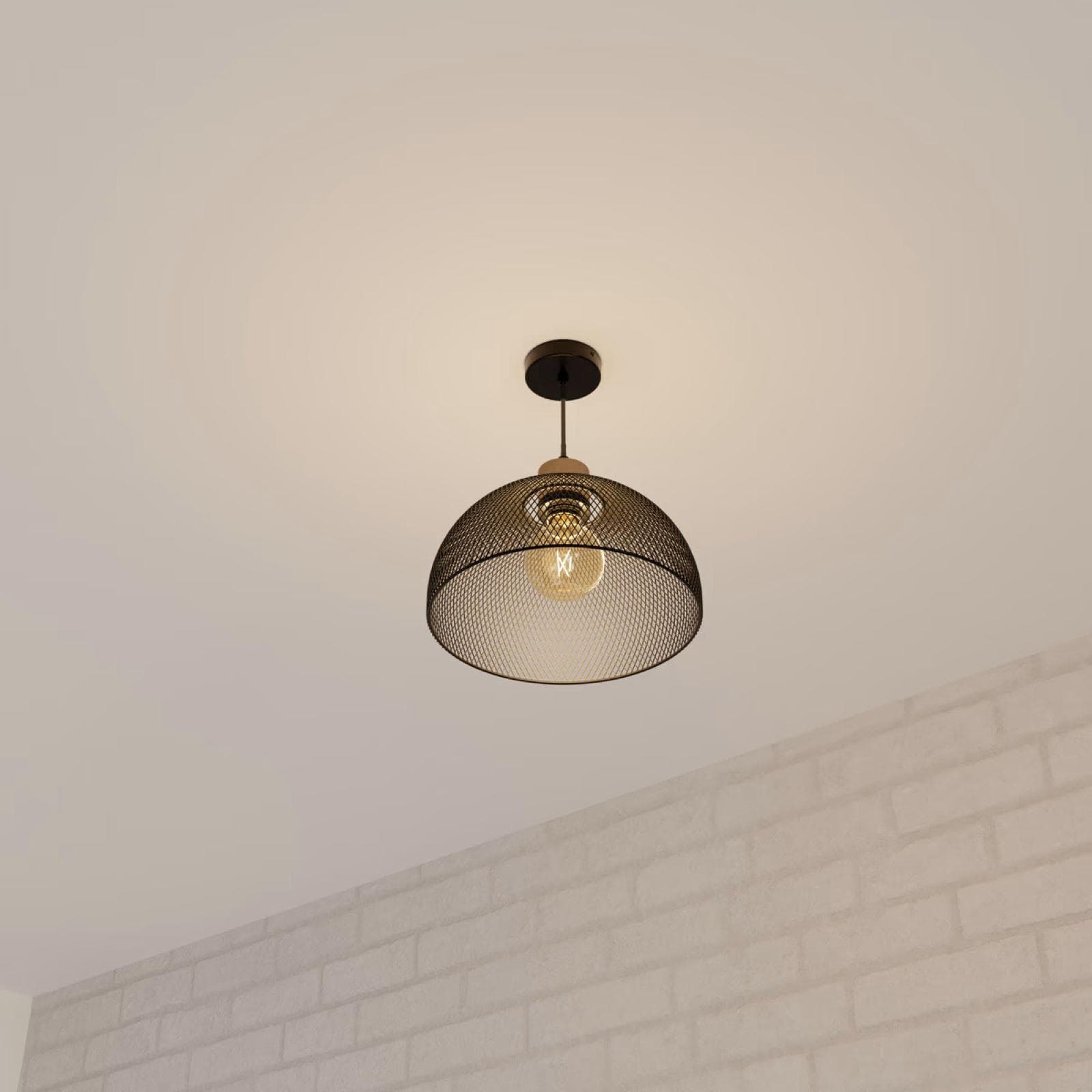 Lampada sospesa rotonda 30 cm in metallo nero e legno di pino