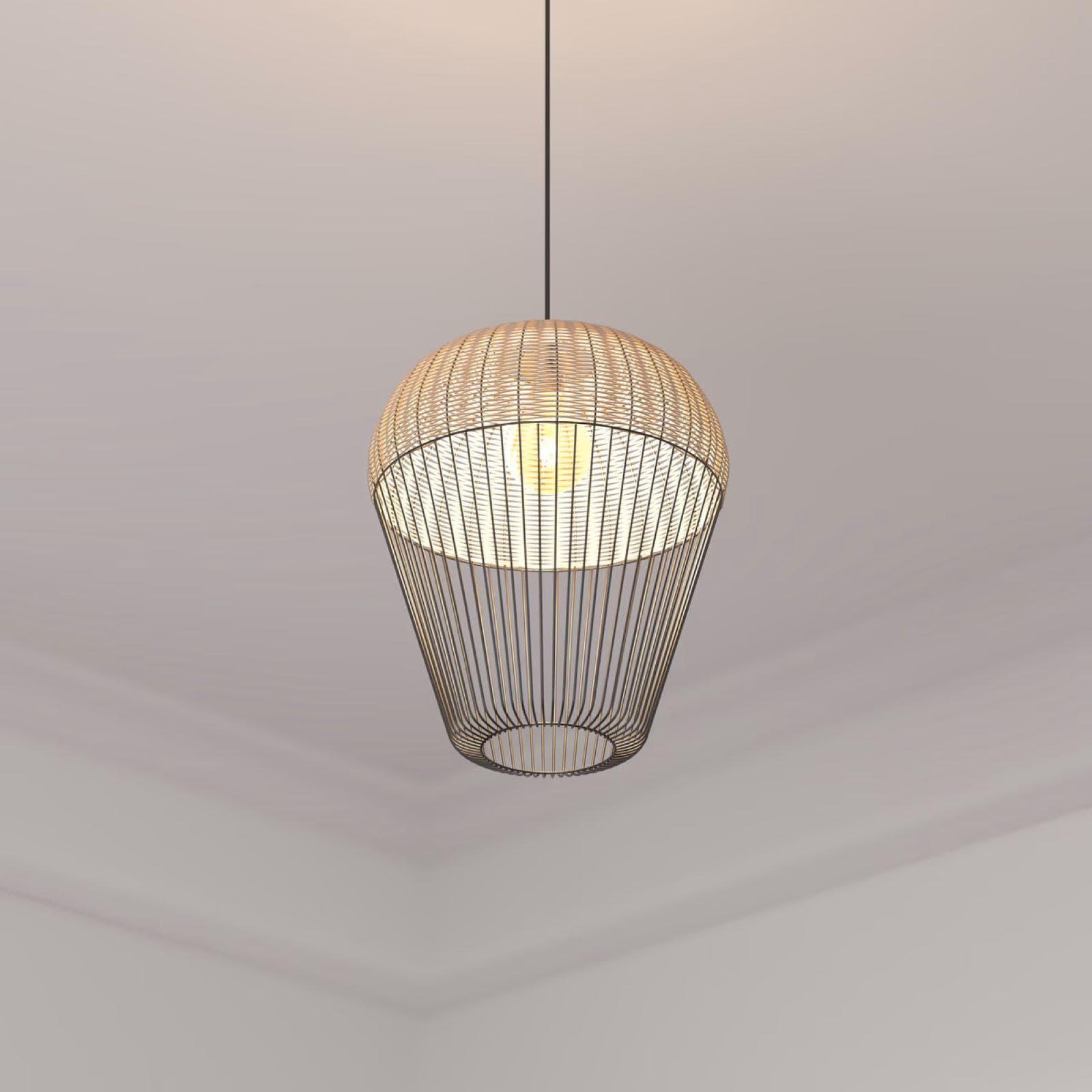 Lampada sospesa rotonda 31 cm in rattan naturale e metallo nero