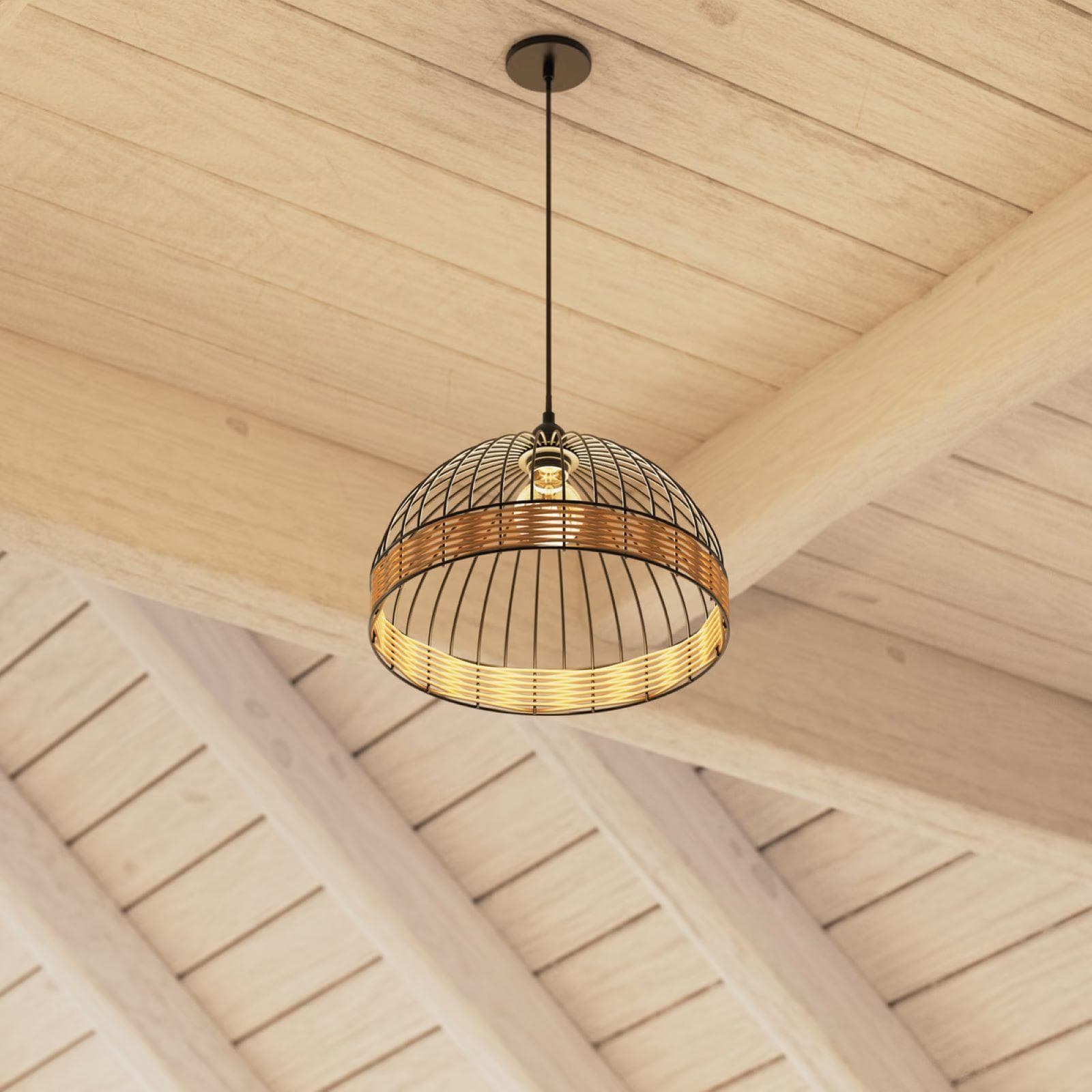 Lampada sospesa rotonda 35 cm in metallo nero e rattan
