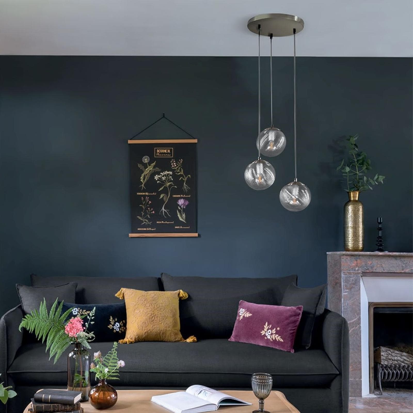 Lampada sospesa rotonda 36 cm in metallo e vetro con 3 punti luce - Distinct