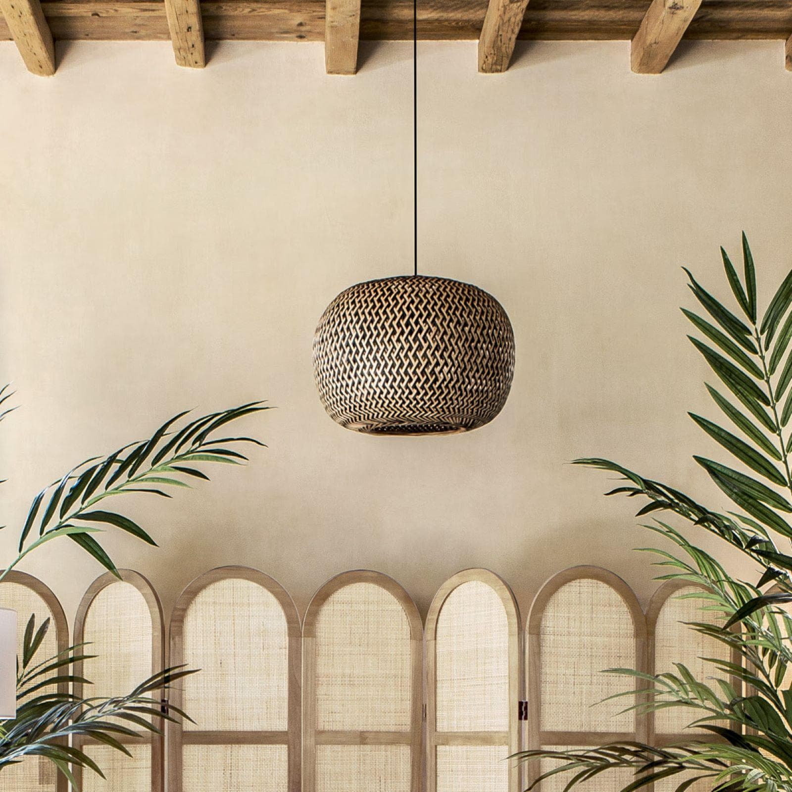 Lampada sospesa rotonda 45 cm in metallo e bambù naturale