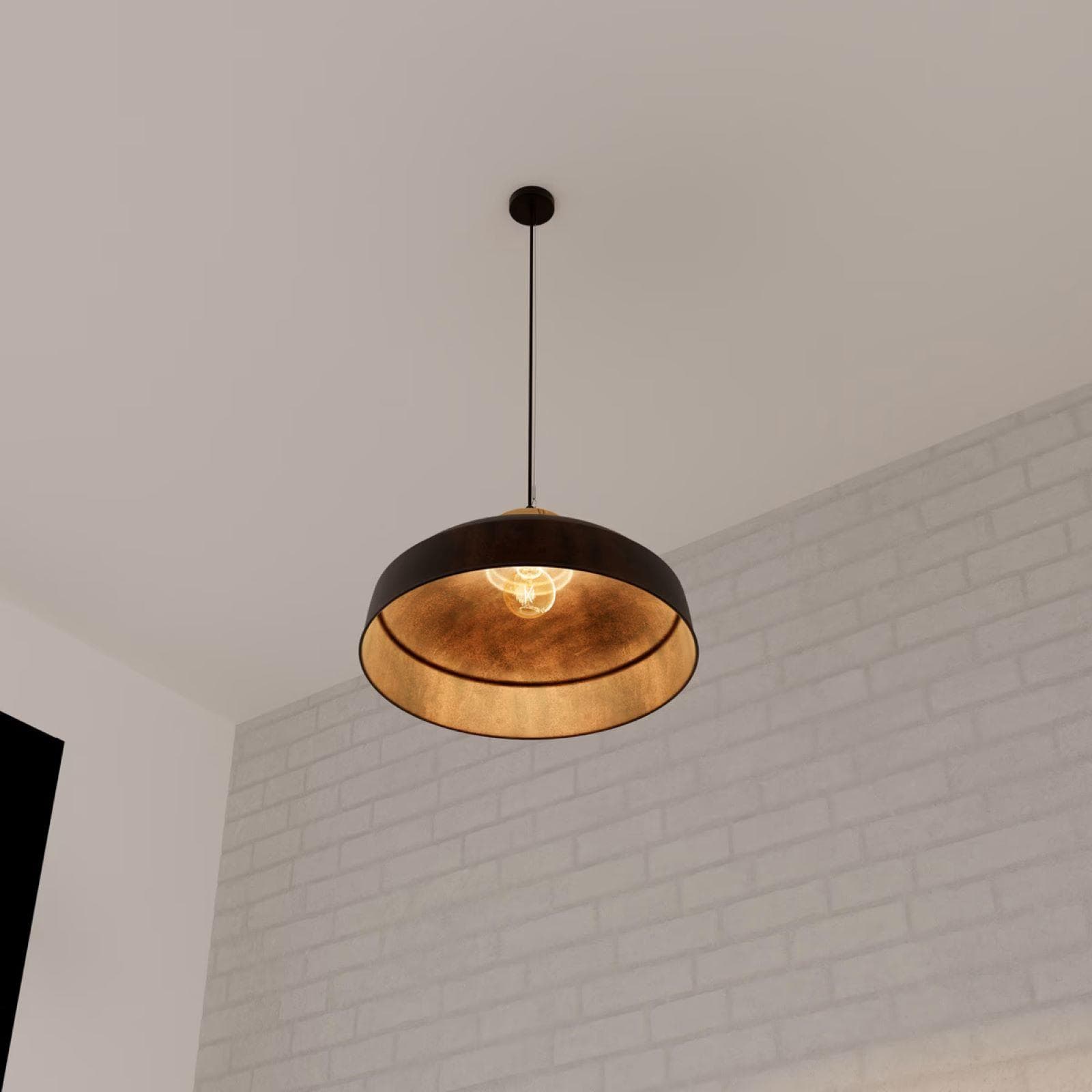 Lampada sospesa rotonda 57 cm in metallo nero e legno di mango
