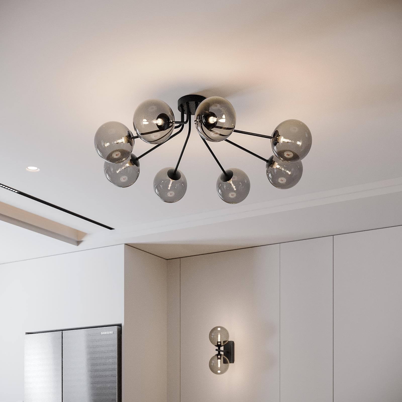 Lampadario da interno 88,4x80,8x28h cm in metallo nero opaco e diffusore in vetro fumè