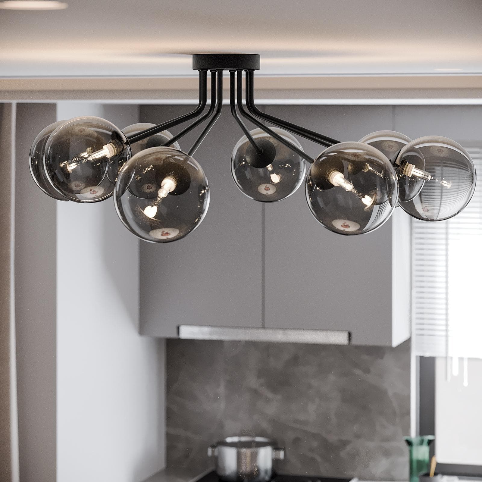 Lampadario da interno 88,4x80,8x28h cm in metallo nero opaco e diffusore in vetro fumè