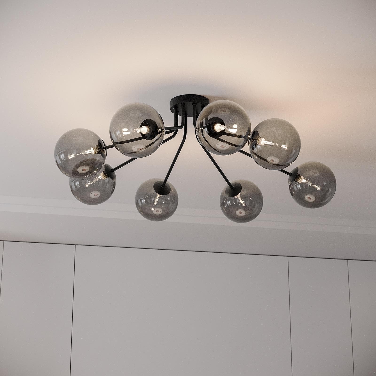 Lampadario da interno 88,4x80,8x28h cm in metallo nero opaco e diffusore in vetro fumè