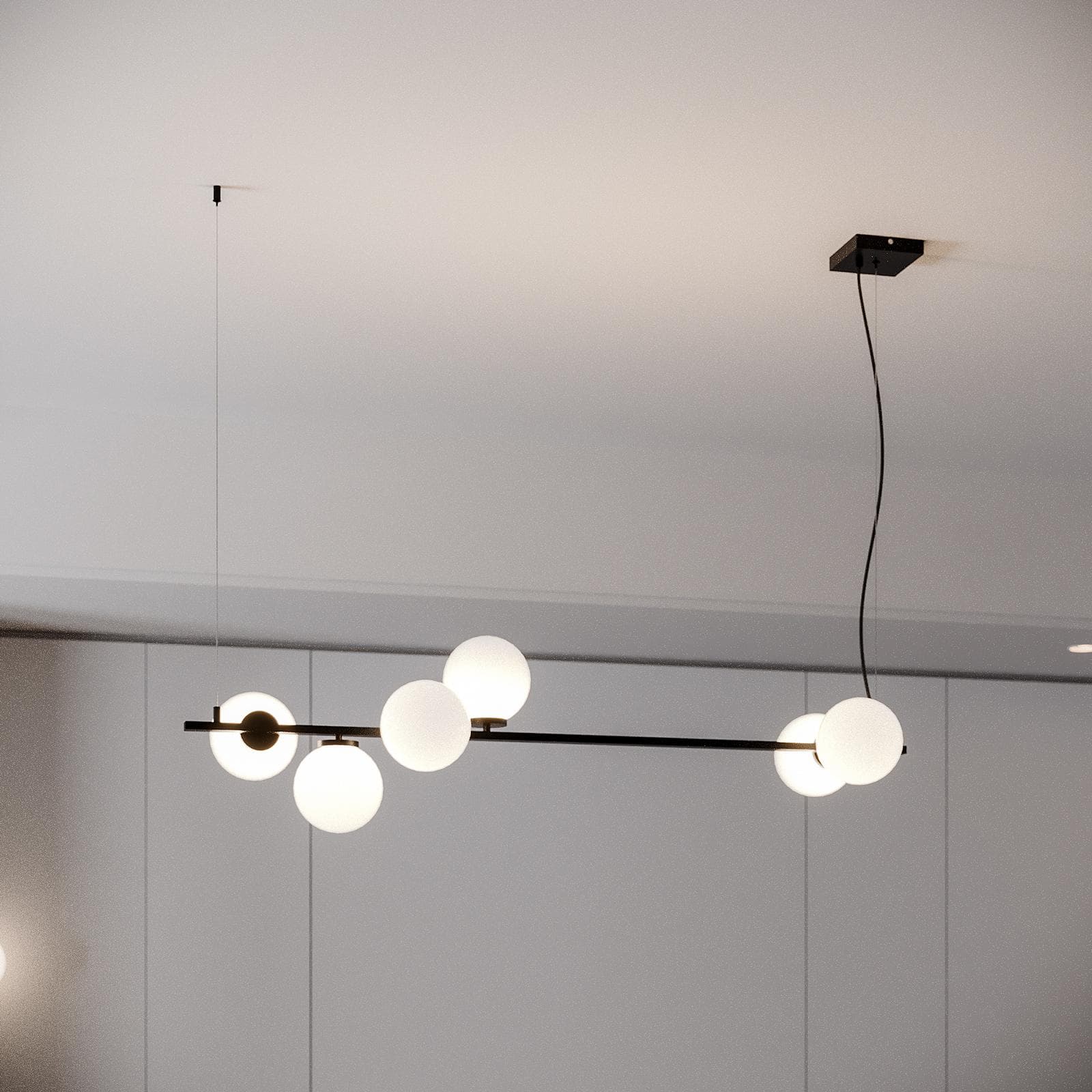 Lampadario sospeso 120x32x150 h cm in metallo nero opaco e diffusori in vetro opale