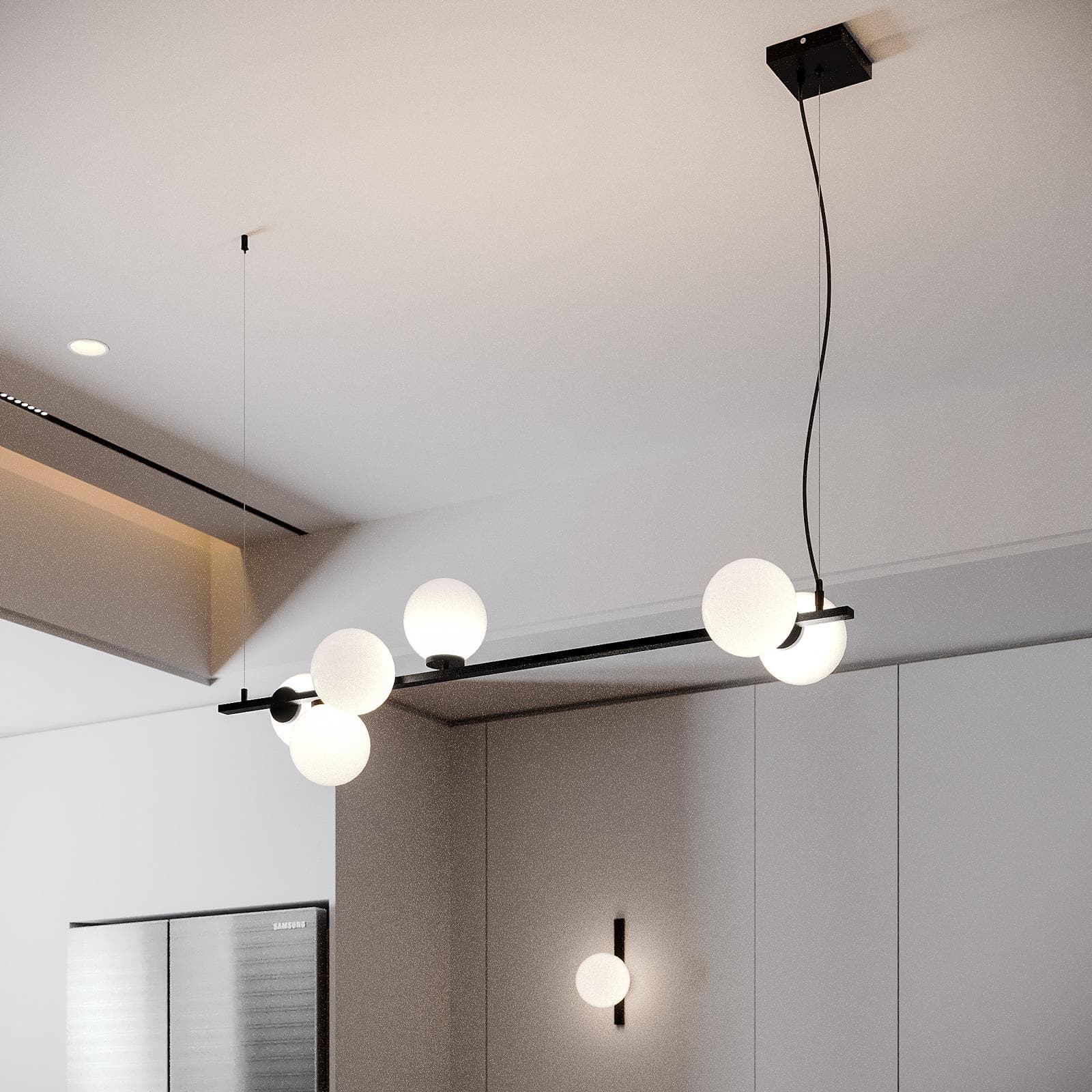 Lampadario sospeso 120x32x150 h cm in metallo nero opaco e diffusori in vetro opale
