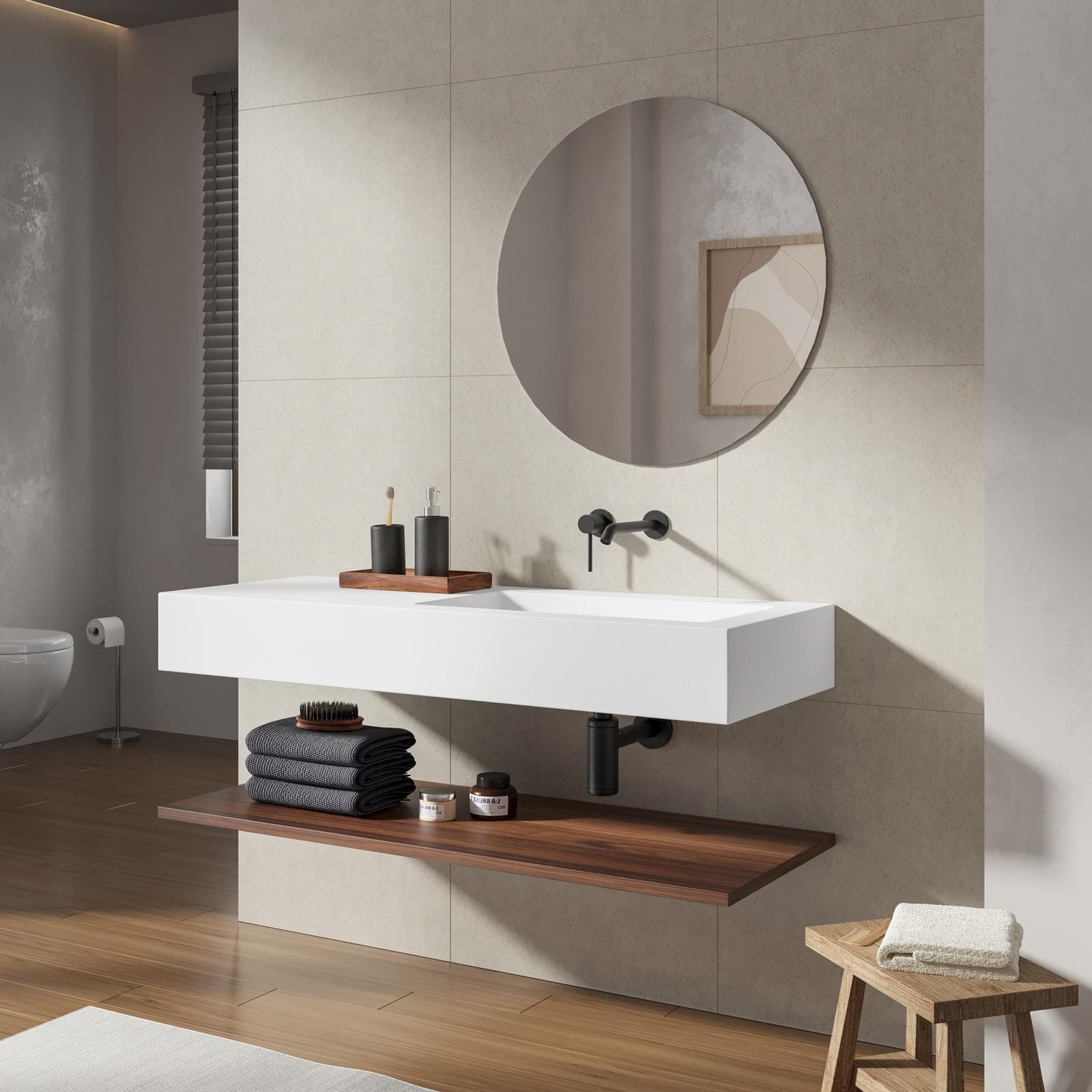 Lavabo 120 cm bianco opaco con vasca a destra e mensola inferiore rovere deciso - Agua