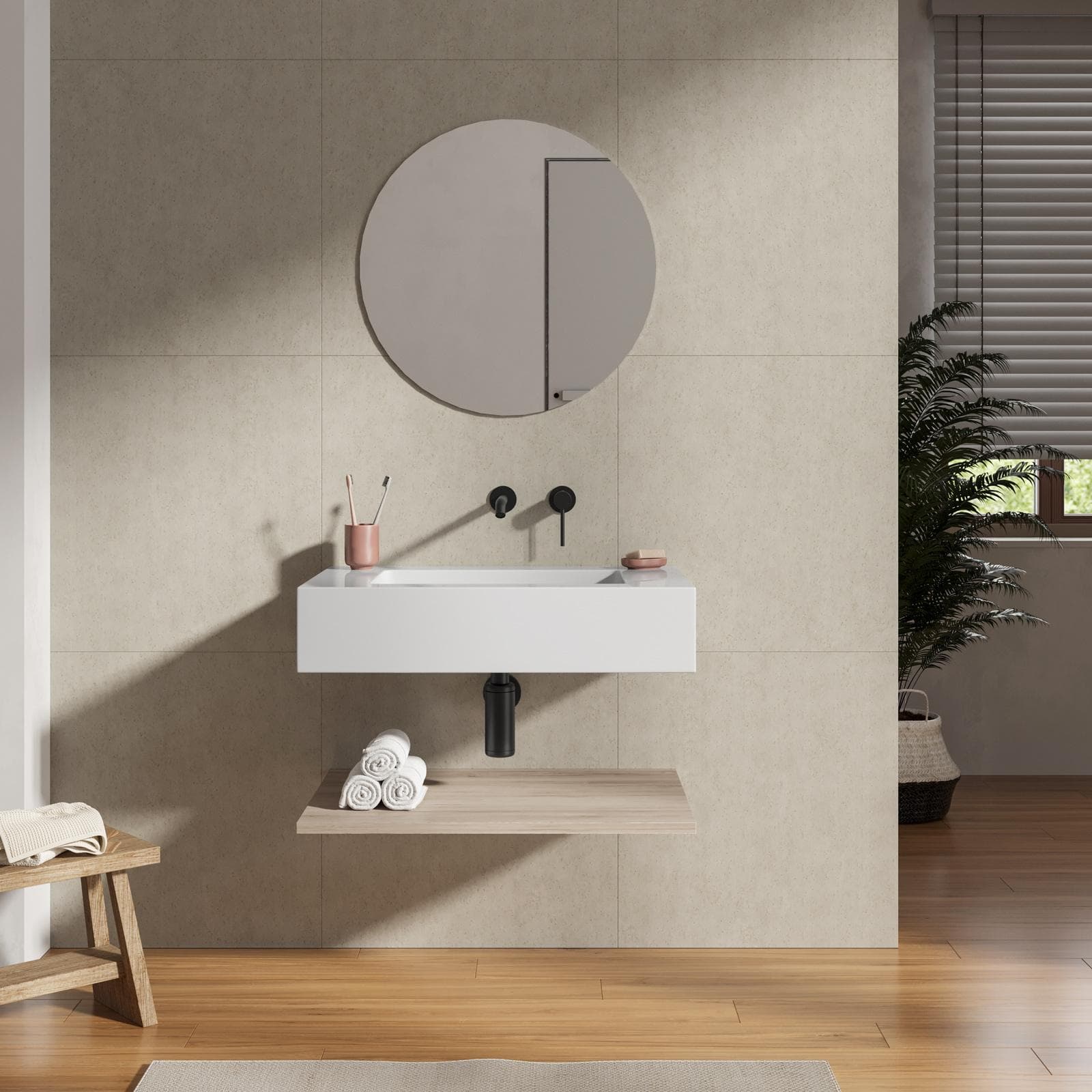 Lavabo 70 cm bianco opaco con mensola inferiore rovere season - Agua