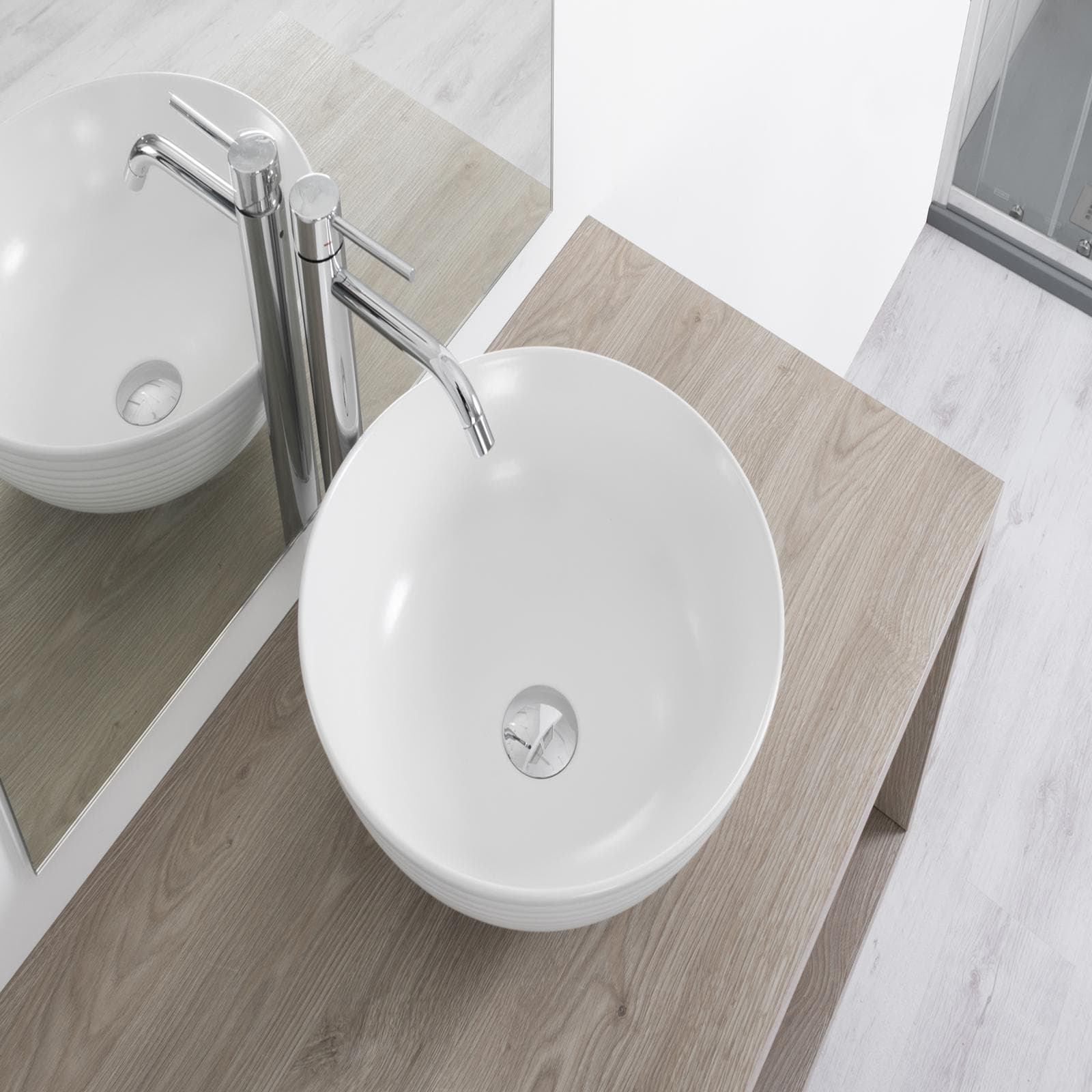 Lavabo appoggio con scanalature 38cm ceramica ultraslim bianco opaco