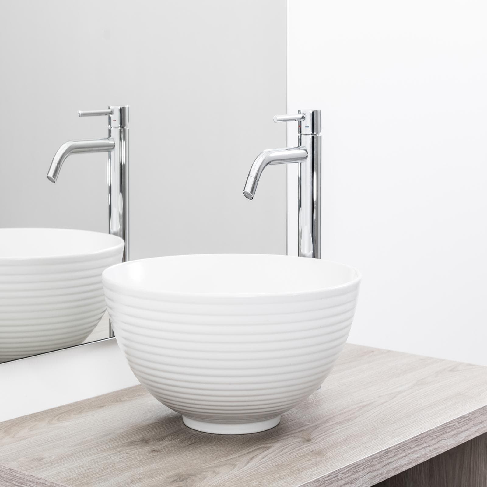 Lavabo appoggio con scanalature 38cm ceramica ultraslim bianco opaco