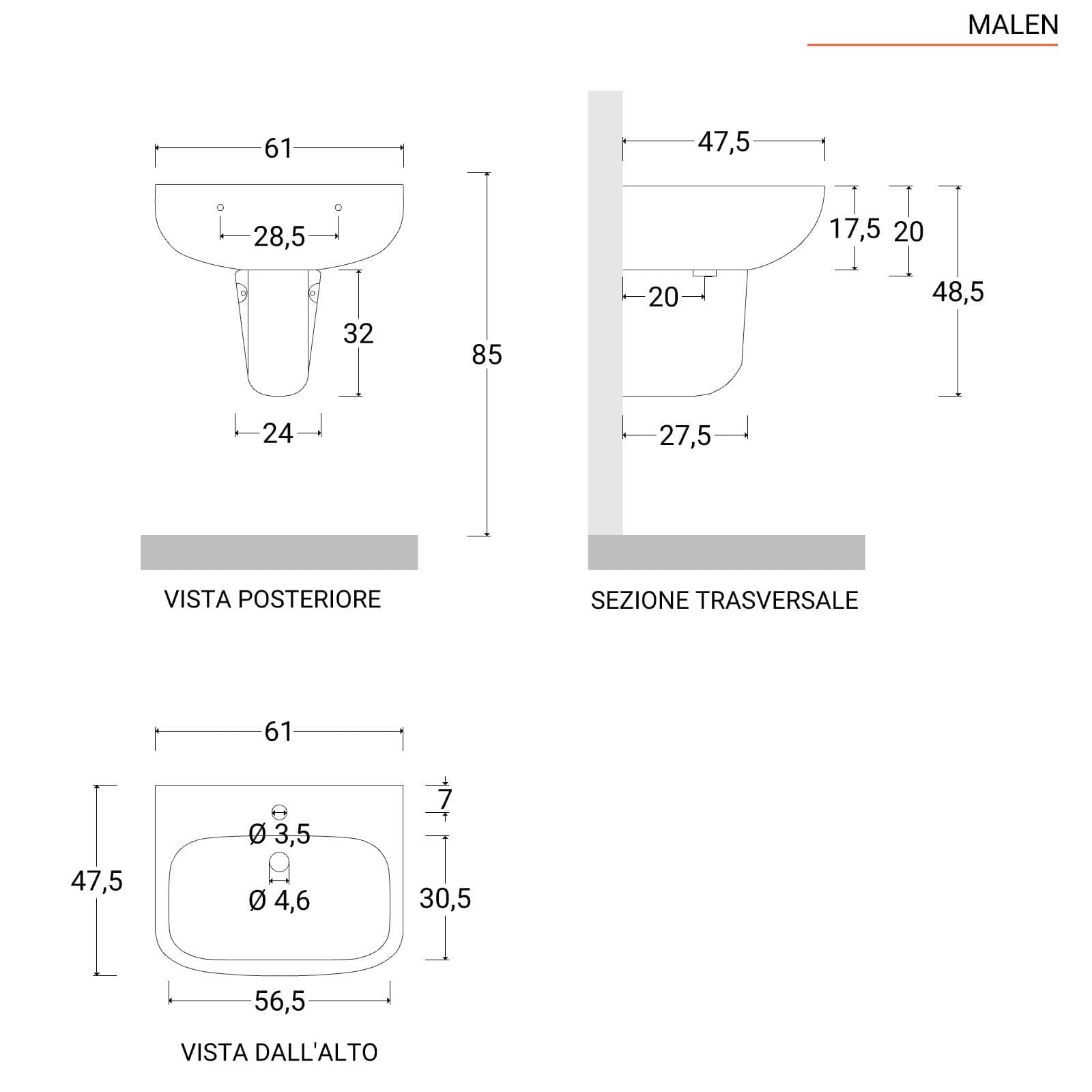 Lavabo con colonna 60 cm in ceramica bianco - Malen