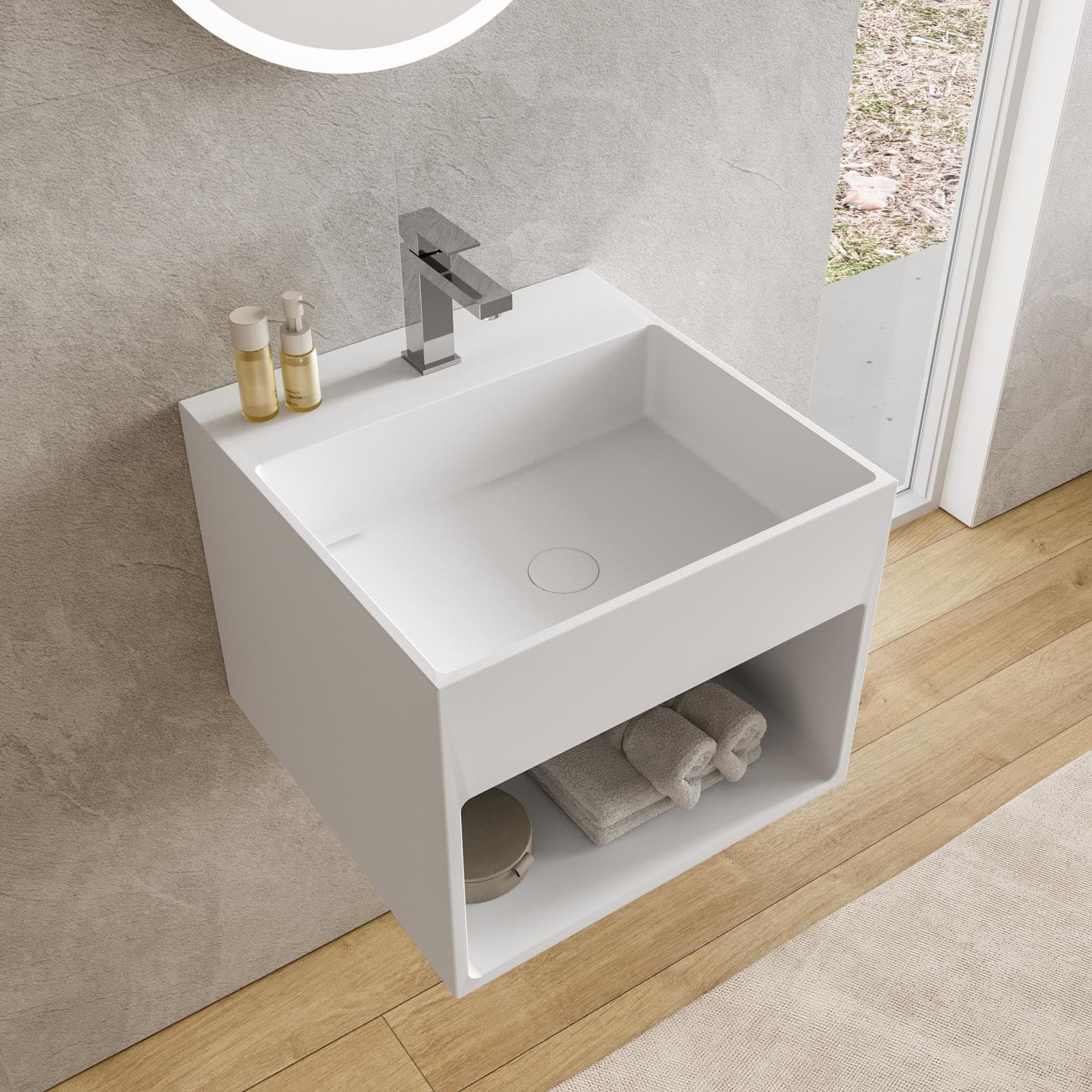 Lavabo sospeso 48x48x39 h cm in cemento bianco - Hamilton