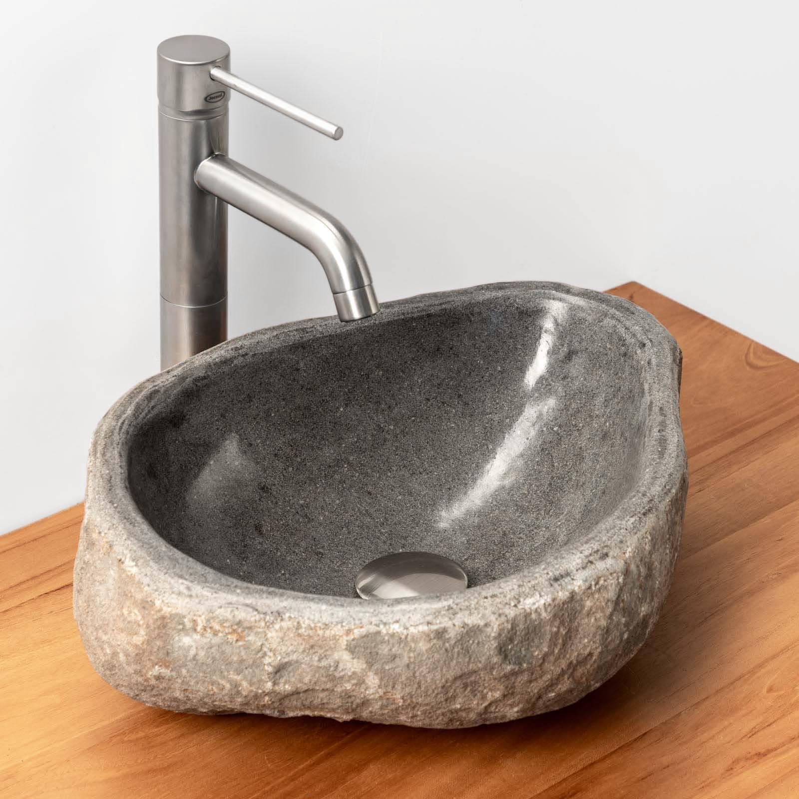 Lavabo da appoggio 53x48 cm lavorazione artigianale in pietra naturale di fiume antracite - Artizan