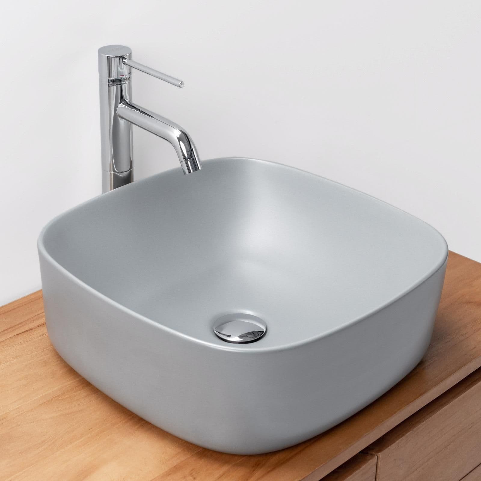 Lavabo da appoggio a bacinella 42x42cm in ceramica grigio opaco
