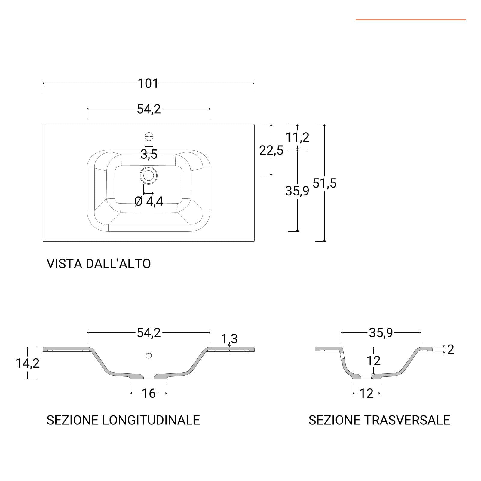 Lavabo da incasso 101x51 cm con vasca centrale in mineralmarmo bianco opaco - Meda