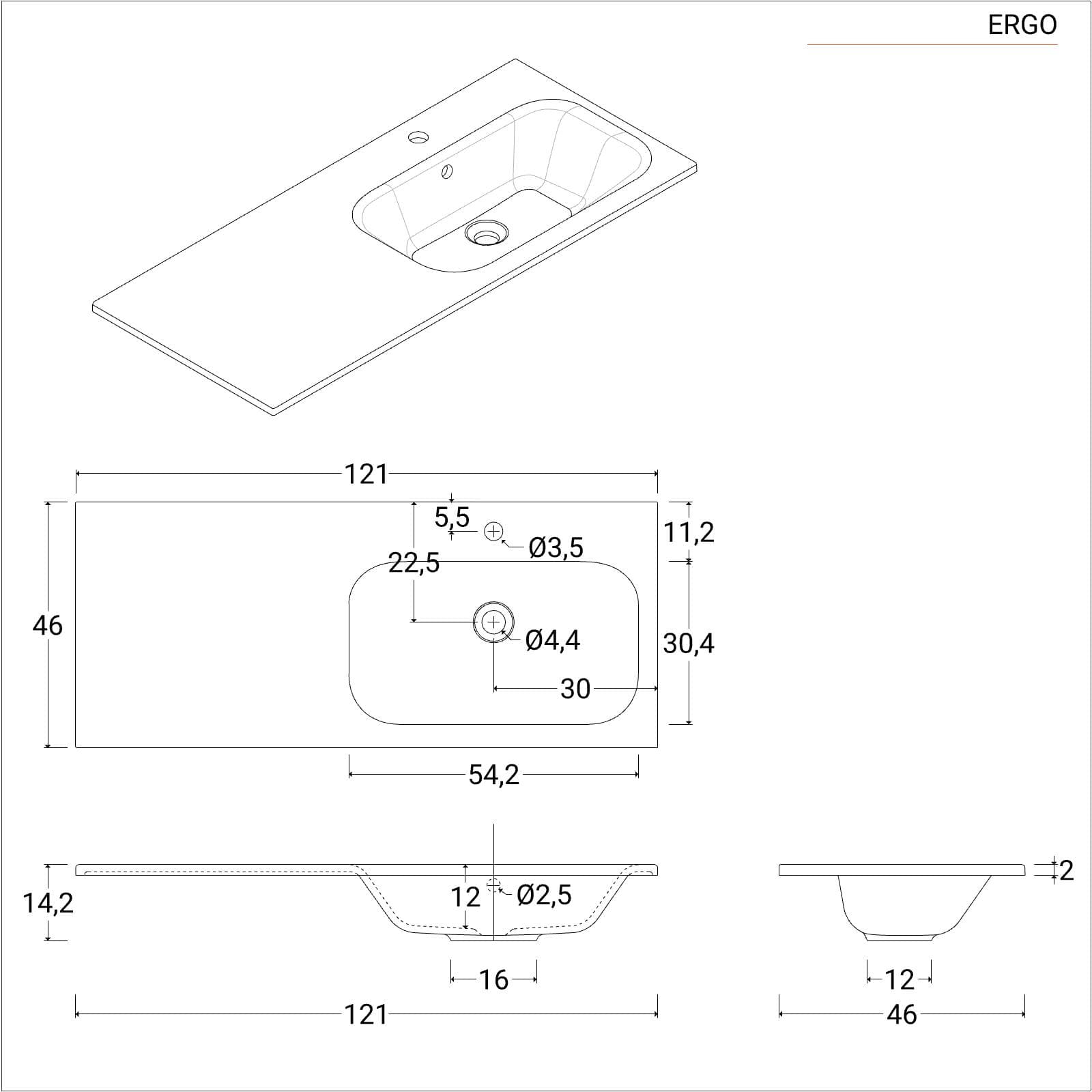 Lavabo da incasso 120x46 cm in mineral composite bianco opaco con vasca a destra - Ergo