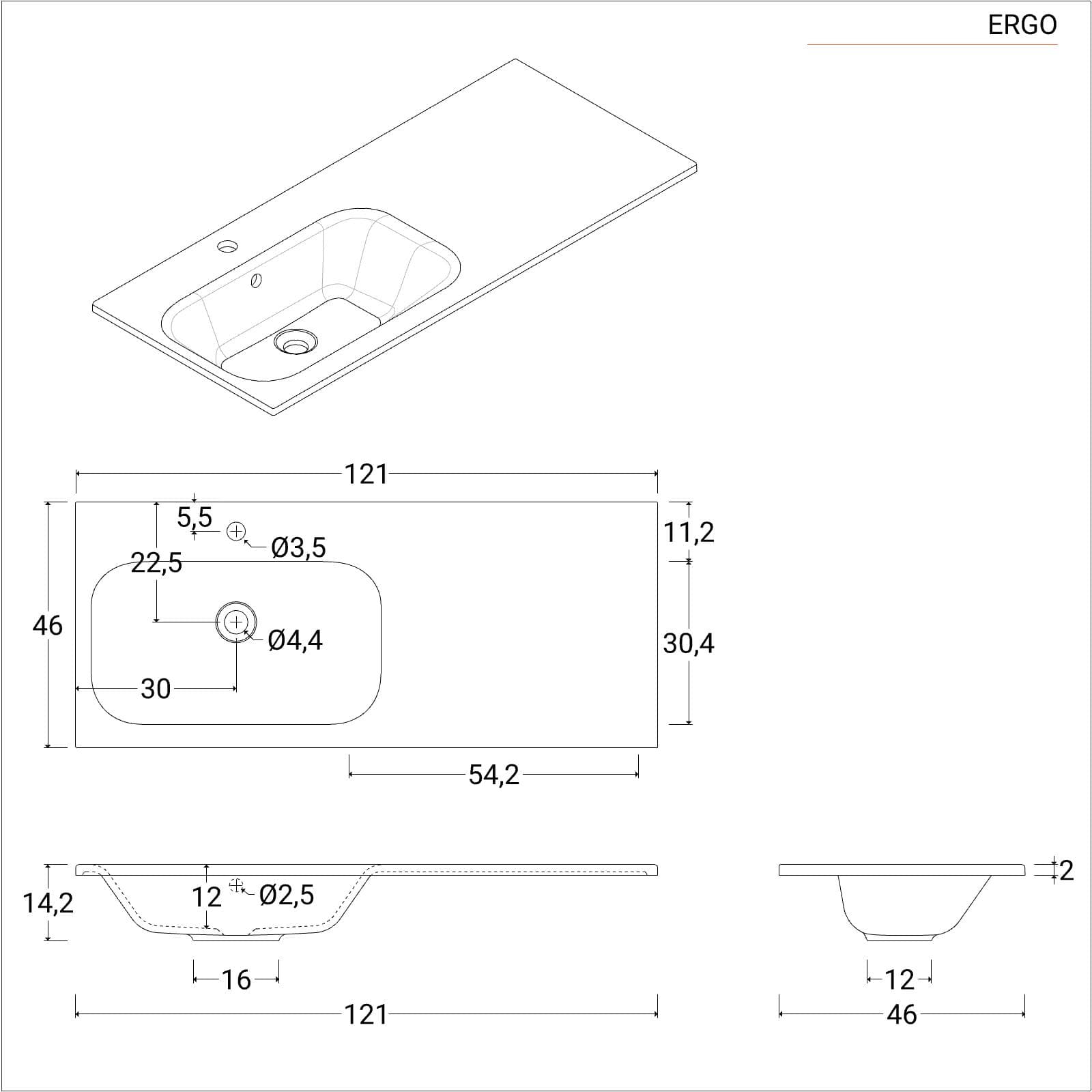 Lavabo da incasso 120x46 cm in mineral composite bianco opaco vasca a sinistra - Ergo