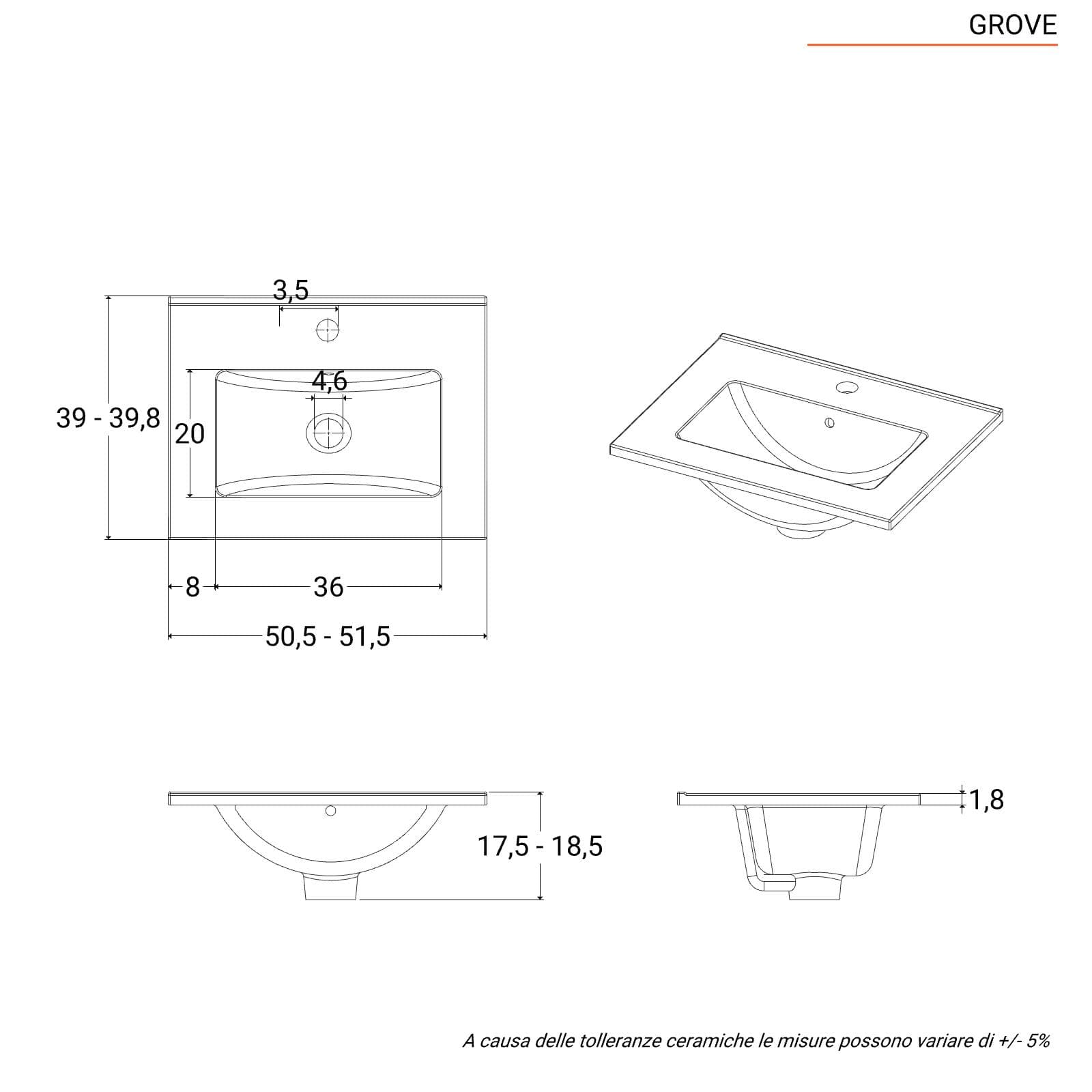 Lavabo salvaspazio ad incasso con profondità ridotta 50x39 cm in ceramica bianco lucido - Grove