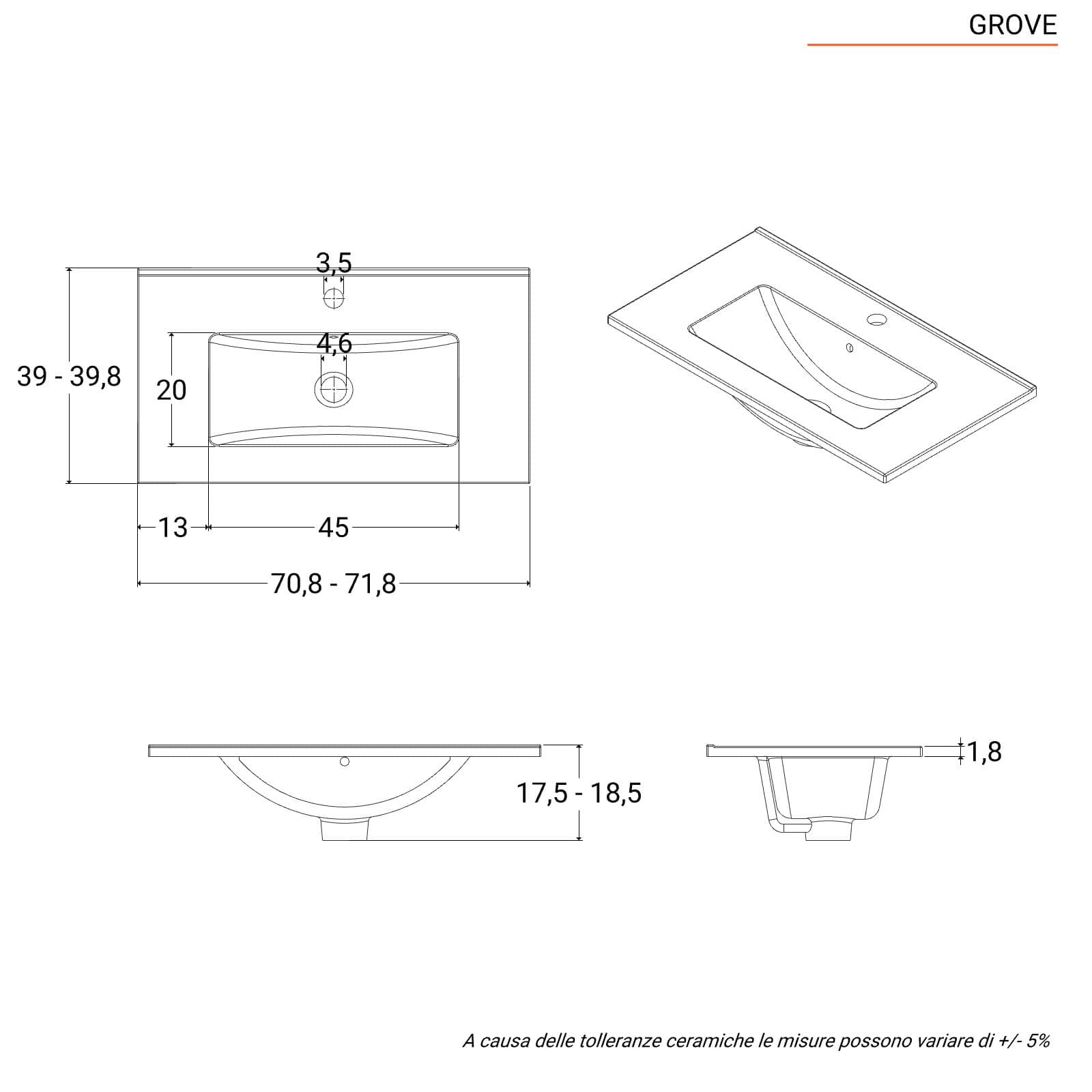 Lavabo salvaspazio ad incasso con profondità ridotta 70x39 cm in ceramica bianco lucido - Grove