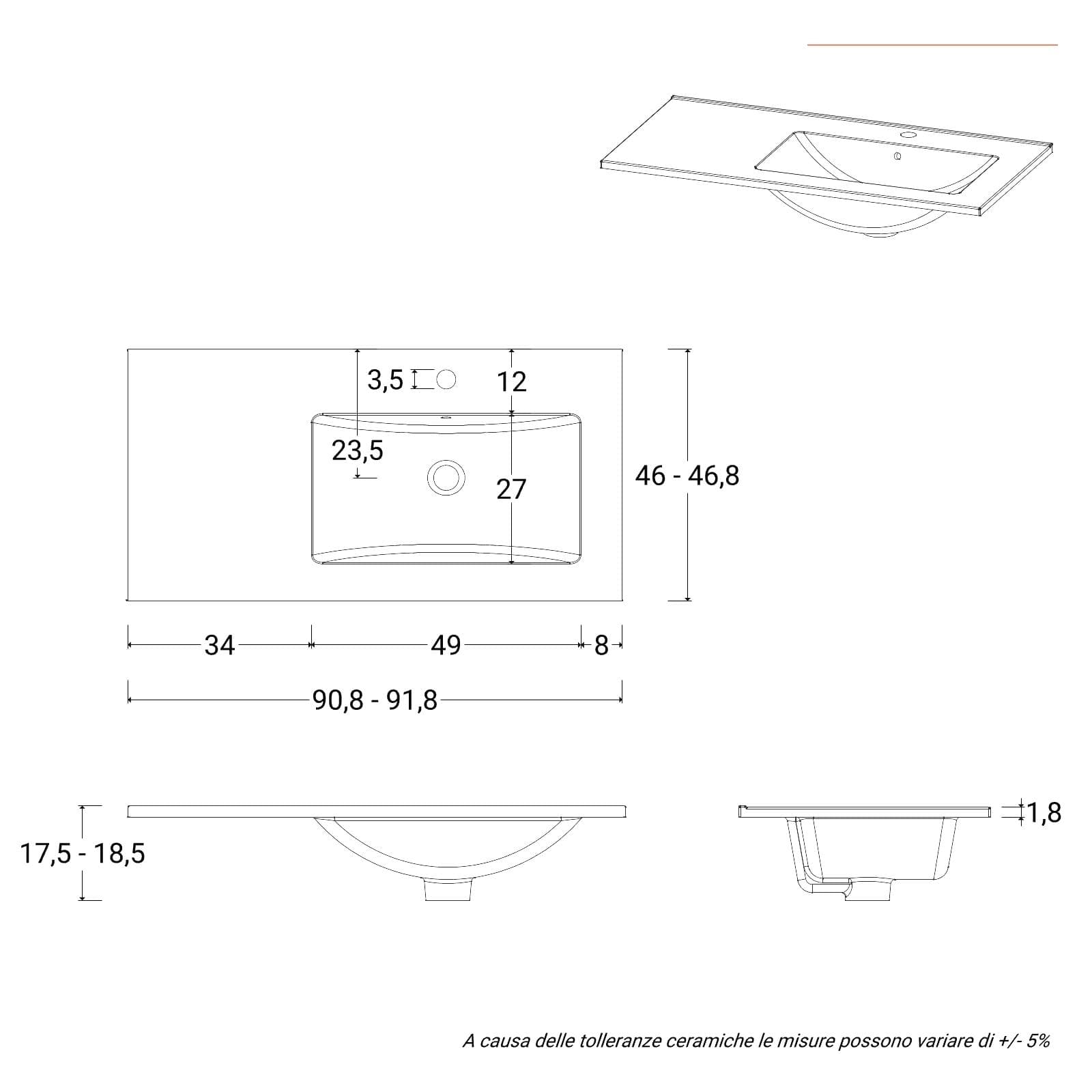 Lavabo da incasso monoforo 90x46 cm con vasca dx in ceramica bianco - Oreo