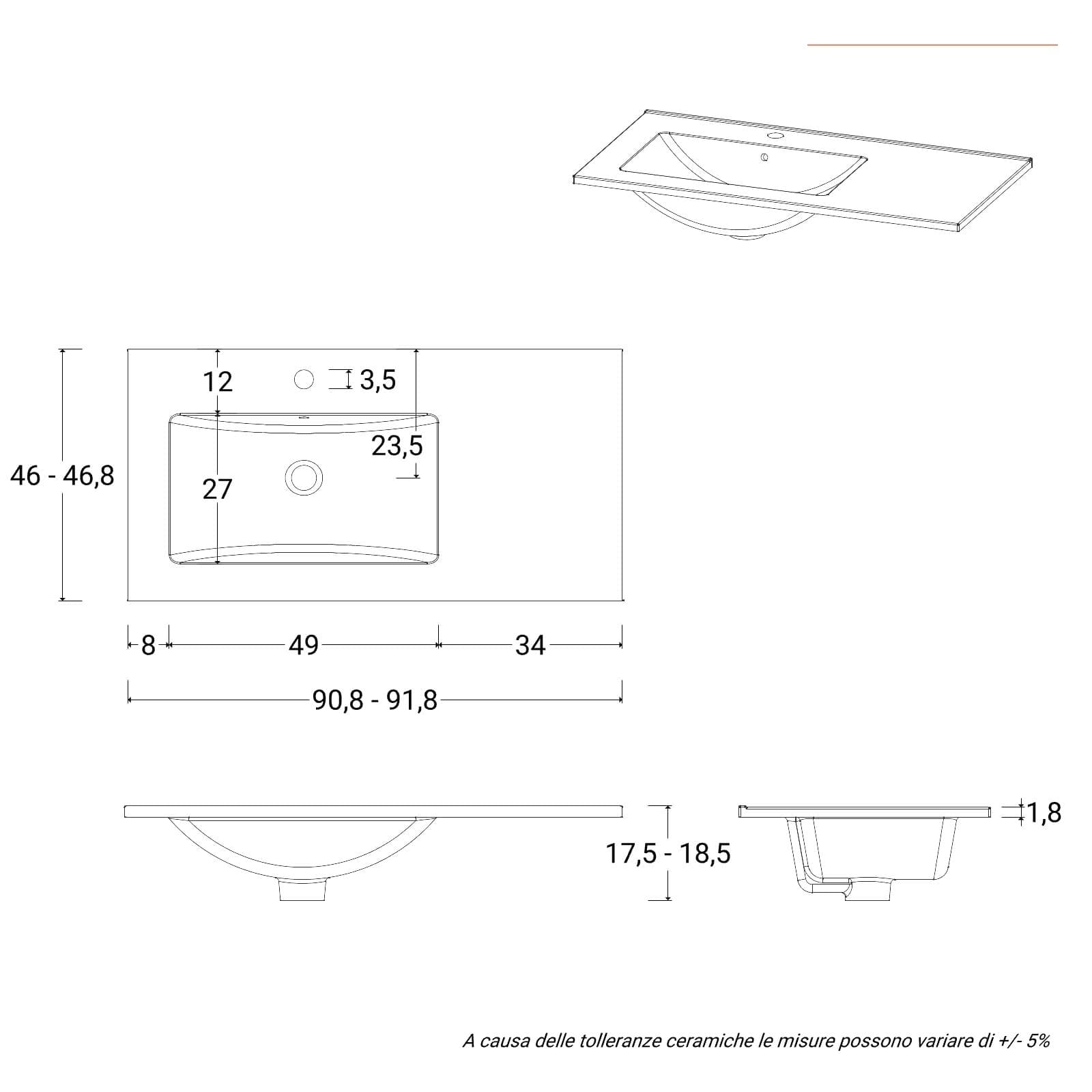 Lavabo da incasso monoforo 90x46 cm con vasca sx in ceramica bianco - Oreo