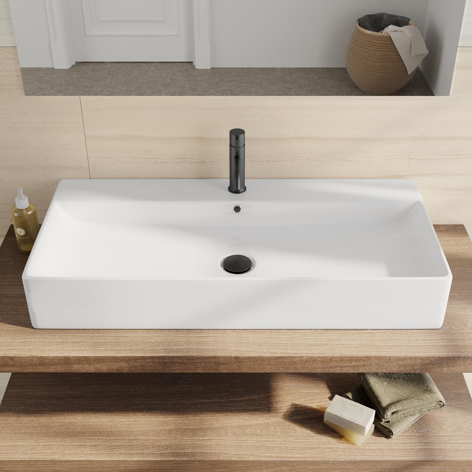 Lavabo d'appoggio 90x42 cm monoforo in ceramica bianco - Braies
