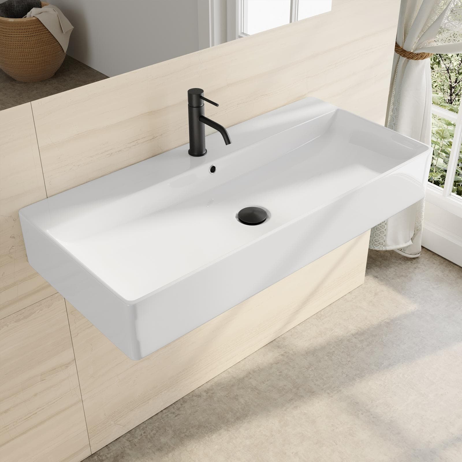 Lavabo d'appoggio 90x42 cm monoforo in ceramica bianco - Braies