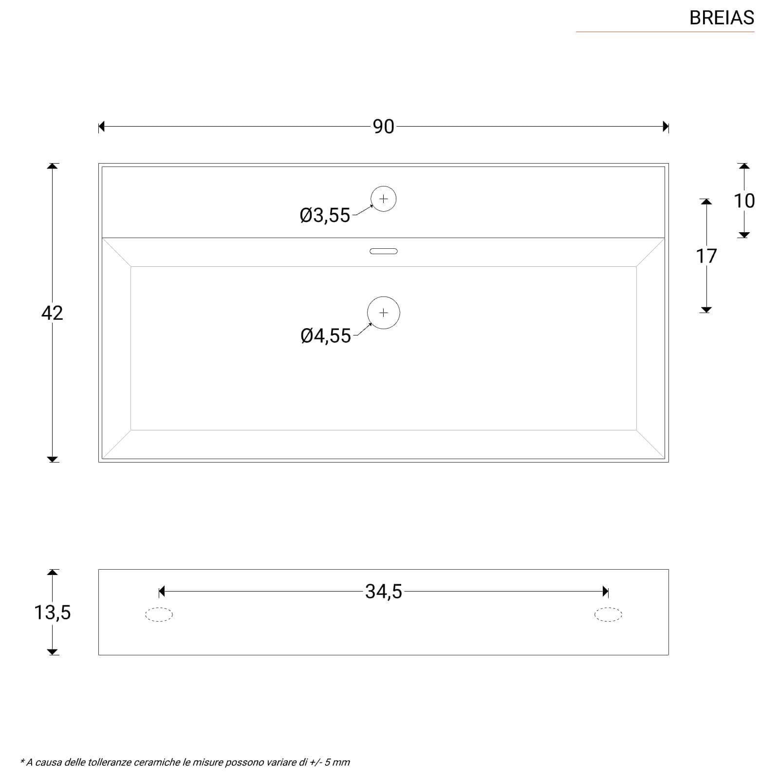 Lavabo d'appoggio 90x42 cm monoforo in ceramica bianco - Braies