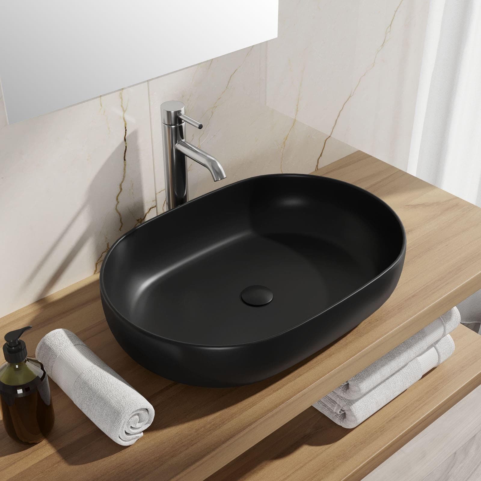 Lavabo d'appoggio ovale in ceramica 60x40 cm nero opaco - Cloe
