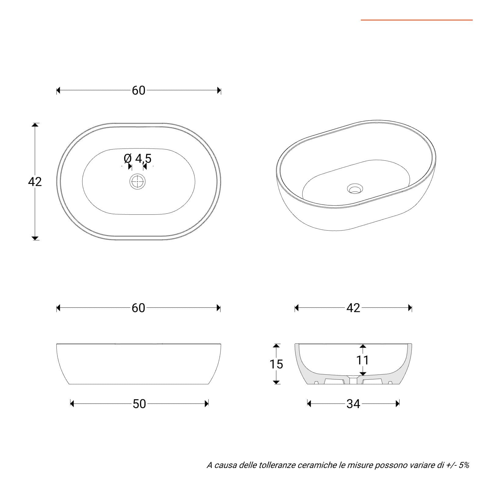 Lavabo d'appoggio ovale in ceramica 60x40 cm nero opaco - Cloe