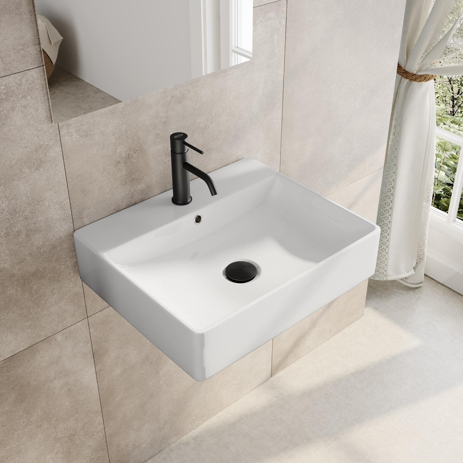 Lavabo monoforo 50 cm appoggio o sospeso in ceramica bianco - Braies