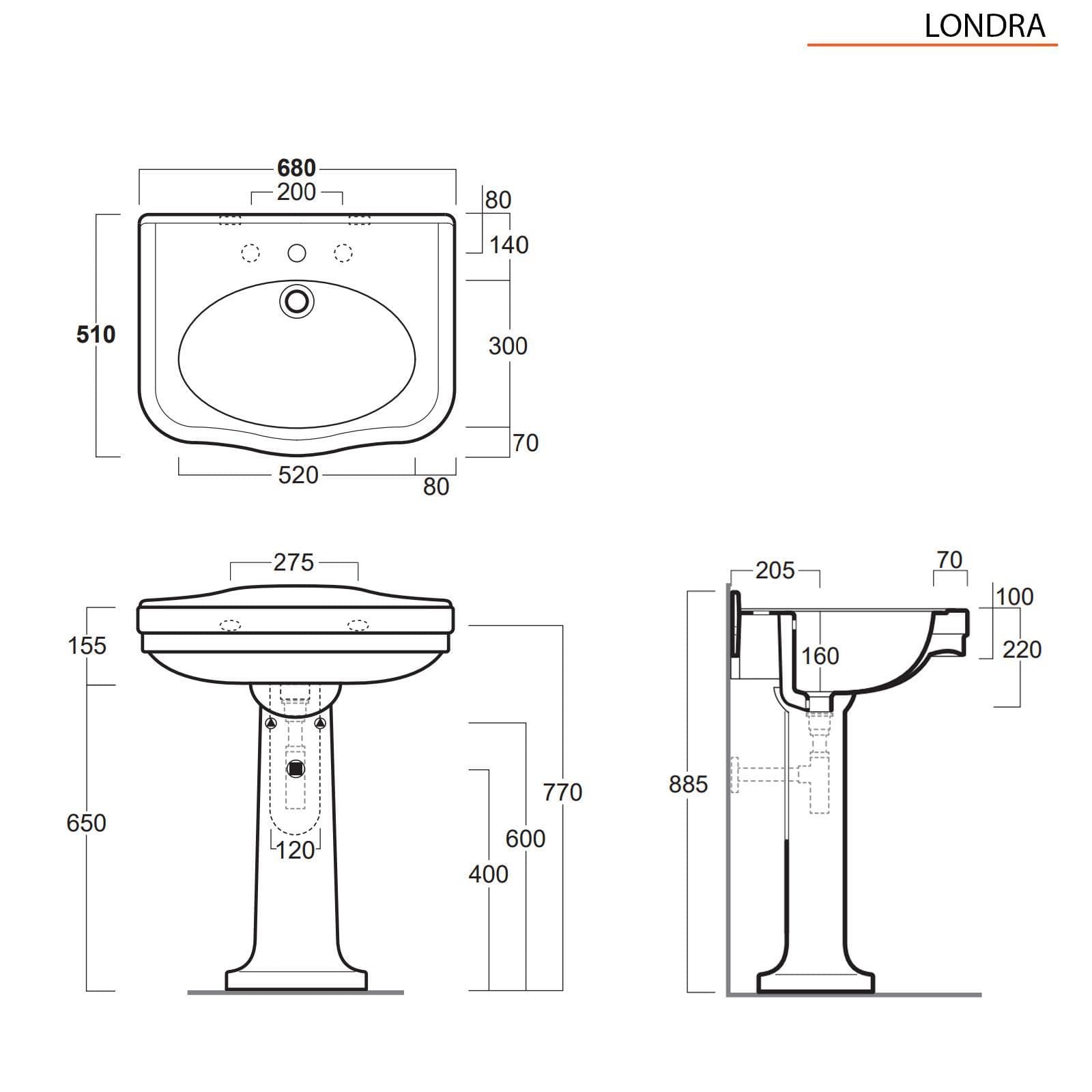 Lavabo monoforo 68 cm con colonna in ceramica bianco - Londra di Simas