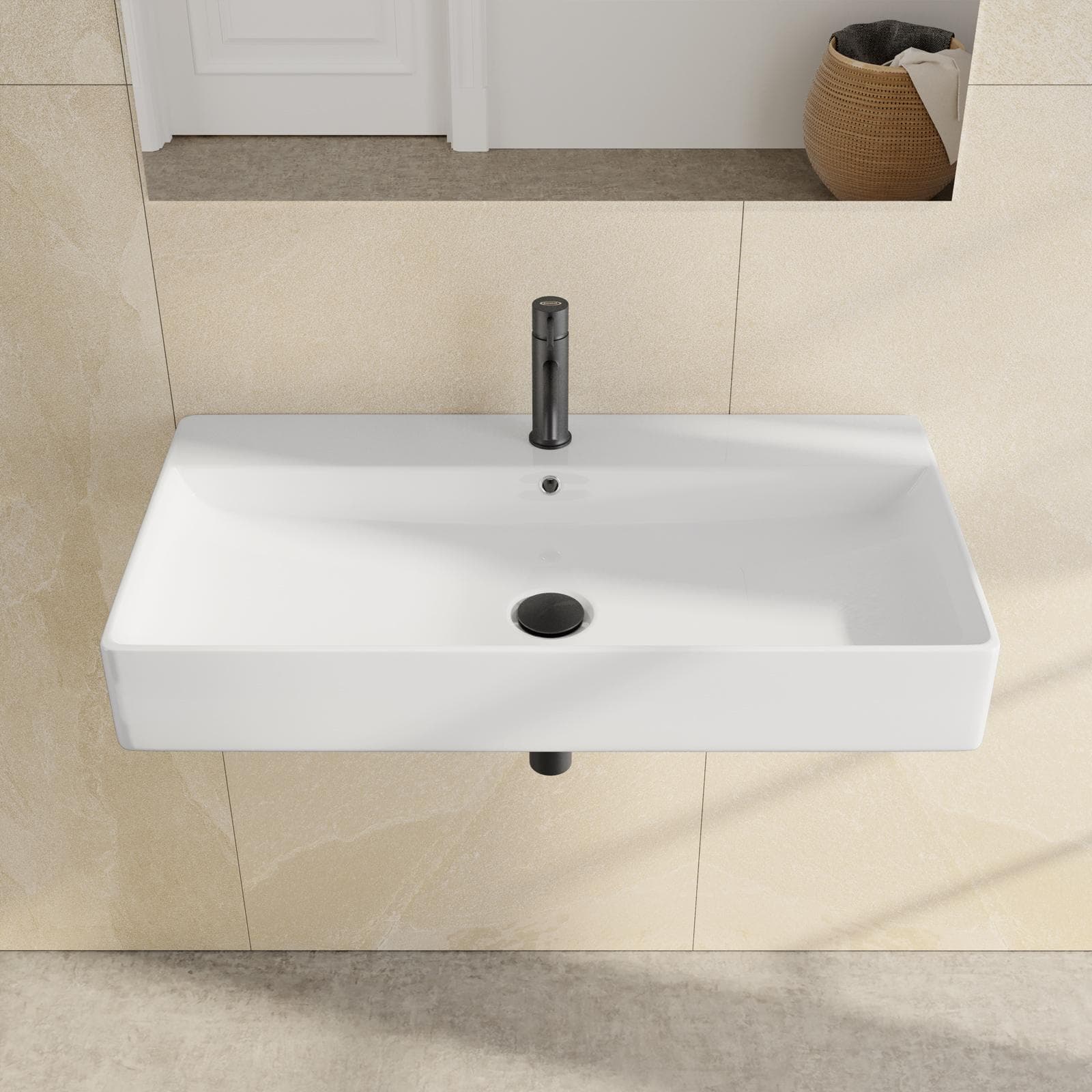 Lavabo monoforo 80 cm appoggio o sospeso in ceramica bianco - Braies