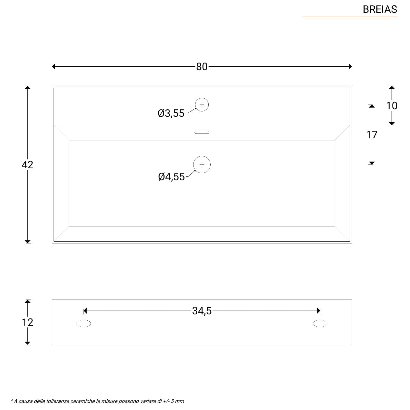 Lavabo monoforo 80 cm appoggio o sospeso in ceramica bianco - Braies