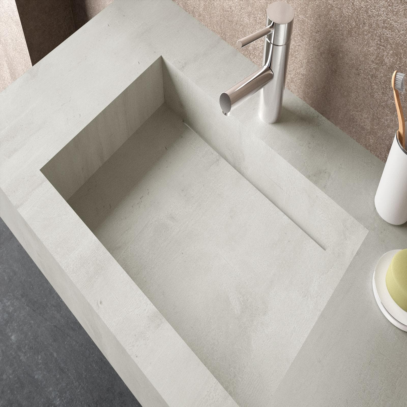 Lavabo rettangolare sospeso con vasca a destra 120x46 cm in hpl grigio cemento alfa - Jalama