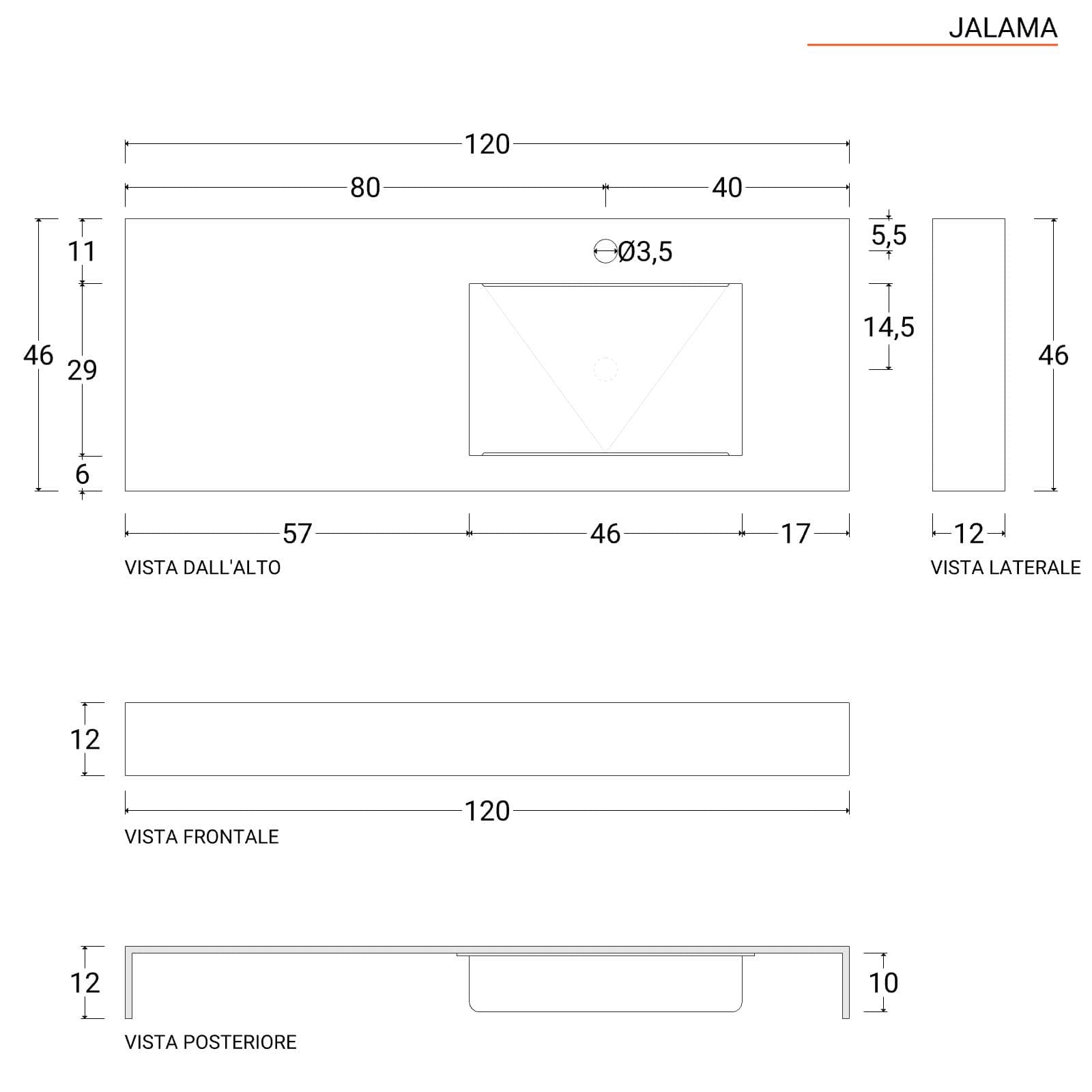 Lavabo rettangolare sospeso con vasca a destra 120x46 cm in hpl grigio cemento alfa - Jalama