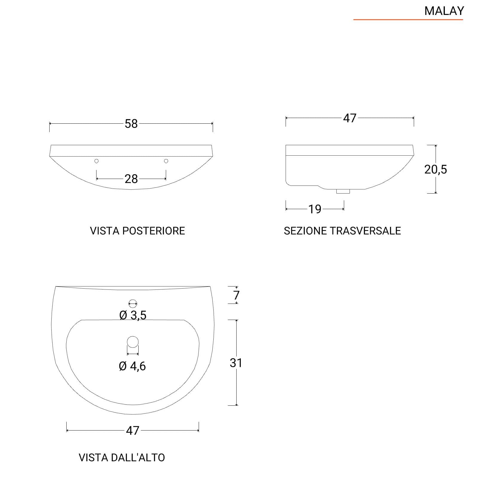 Lavabo sospeso in ceramica bianca 58 cm - Malay