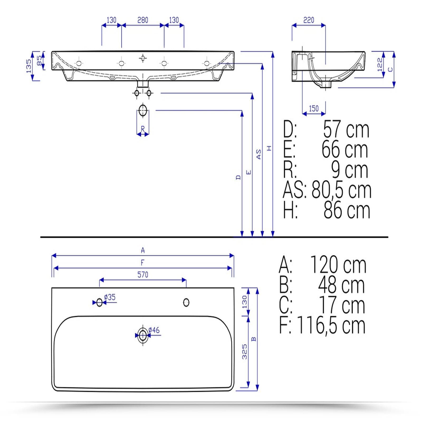 Lavabo sospeso o da appoggio 120 cm per doppio miscelatore Serie Smyle Square - Geberit
