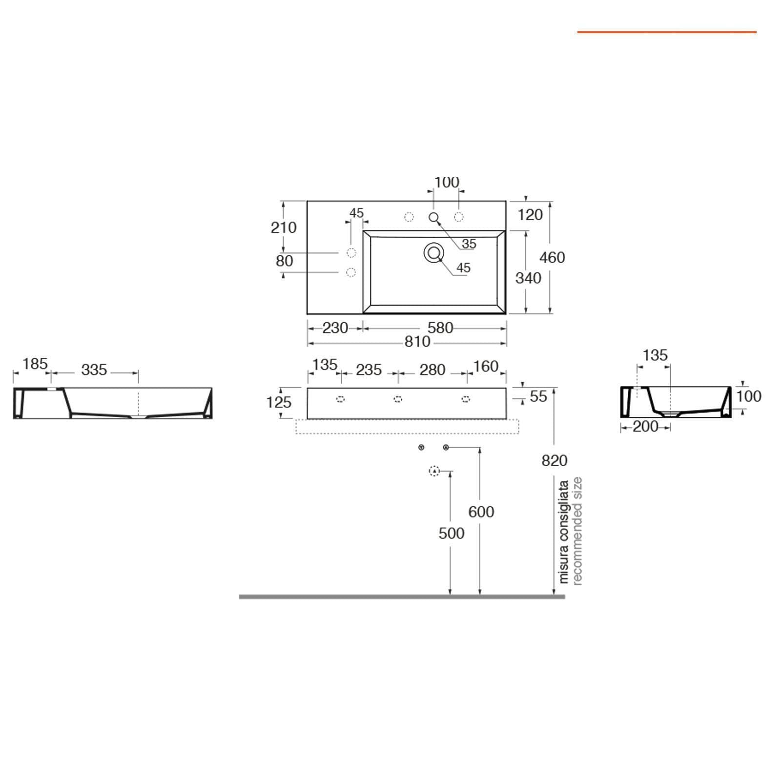 Lavabo sospeso o d'appoggio monoforo 81 cm con piano laterale a sinistra - Elegance Squared