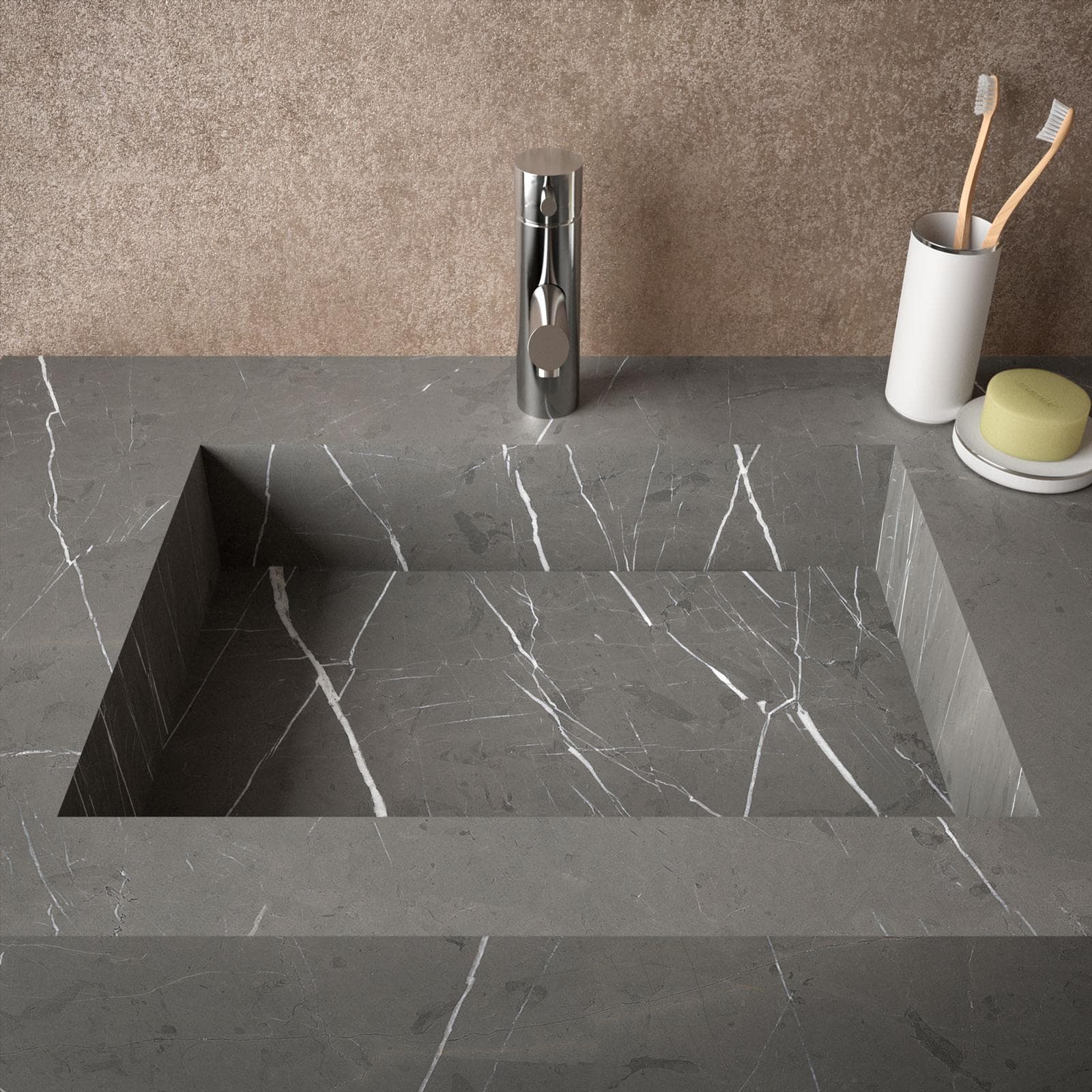Lavabo sospeso vasca a sinistra integrato HPL 100x46cm finitura pietra grigio fiordo - Jalama