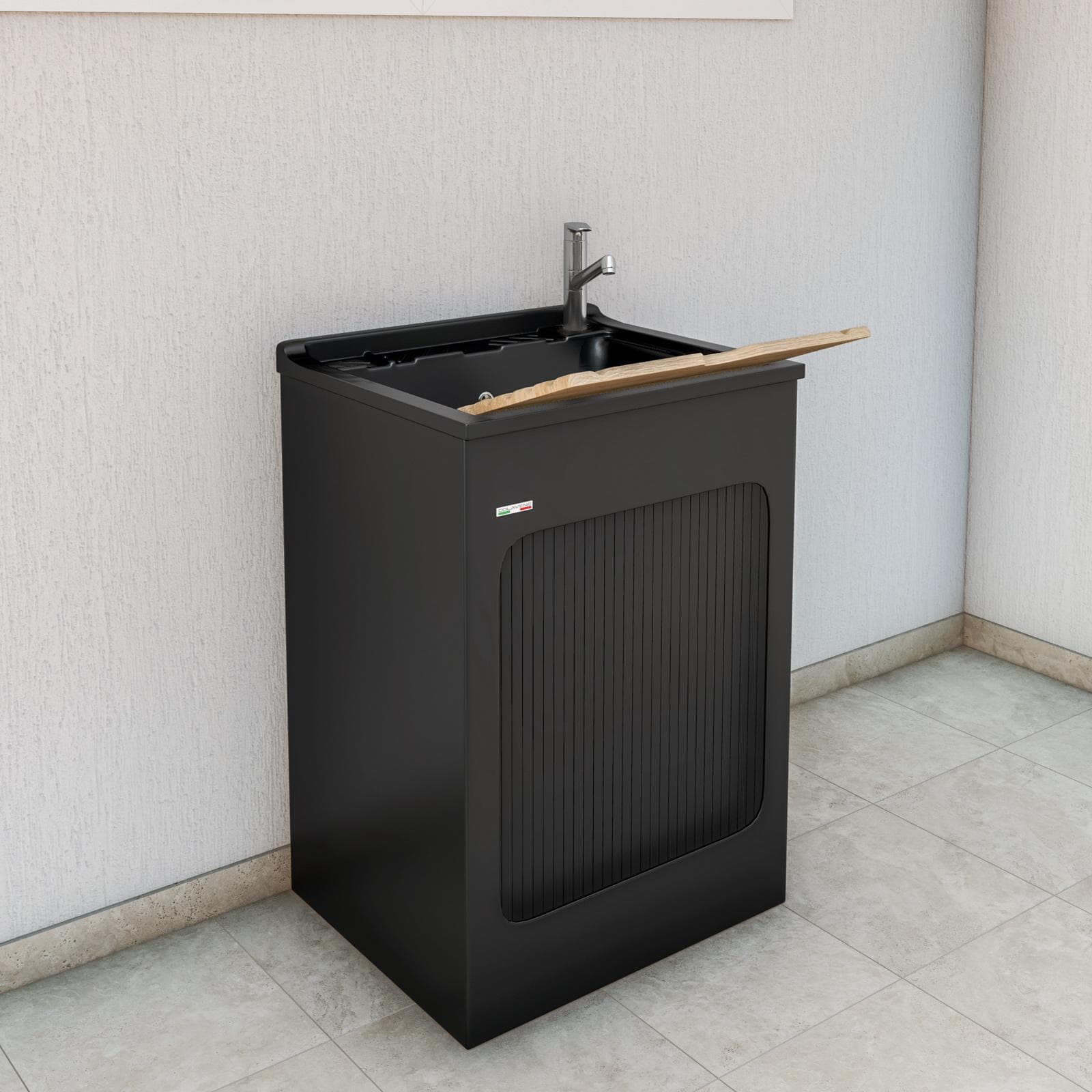 Lavatoio nero Lavacril di Colavene 60x50 cm con serrandina e tavola in legno inclusa
