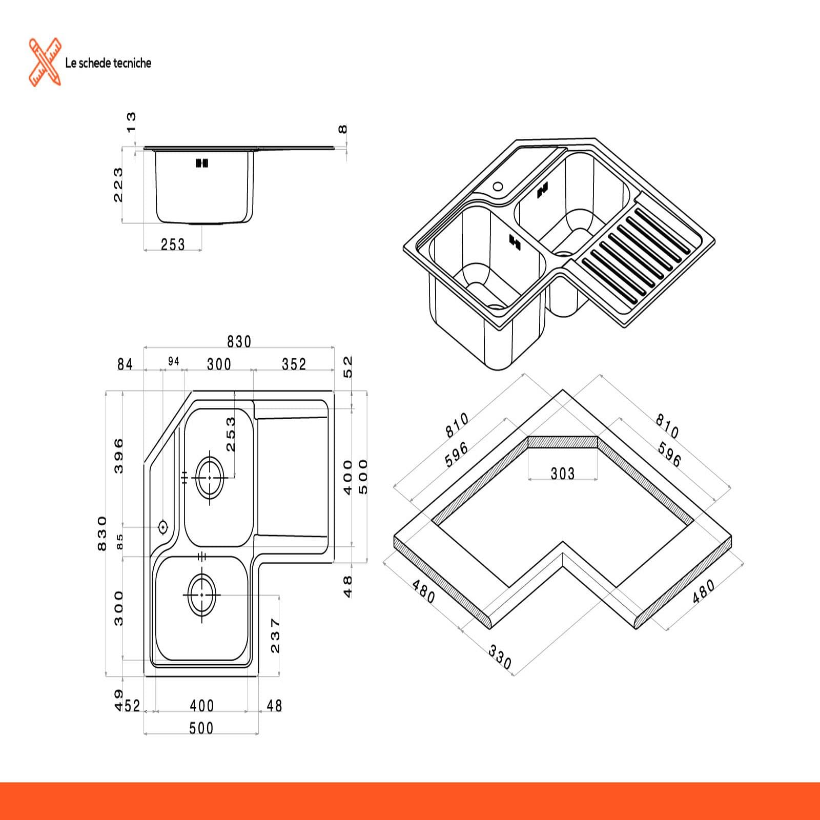 Lavello Apell angolare 83 x 83 x 50 cm con 2 vasche in acciaio inox spazzolato arredo cucina