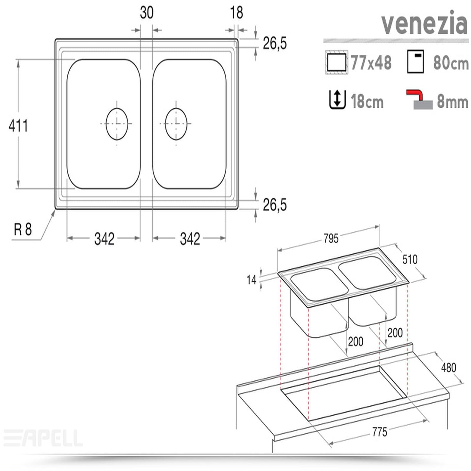 Lavello Apell Venezia 80x50 con doppia vasca acciaio satinato