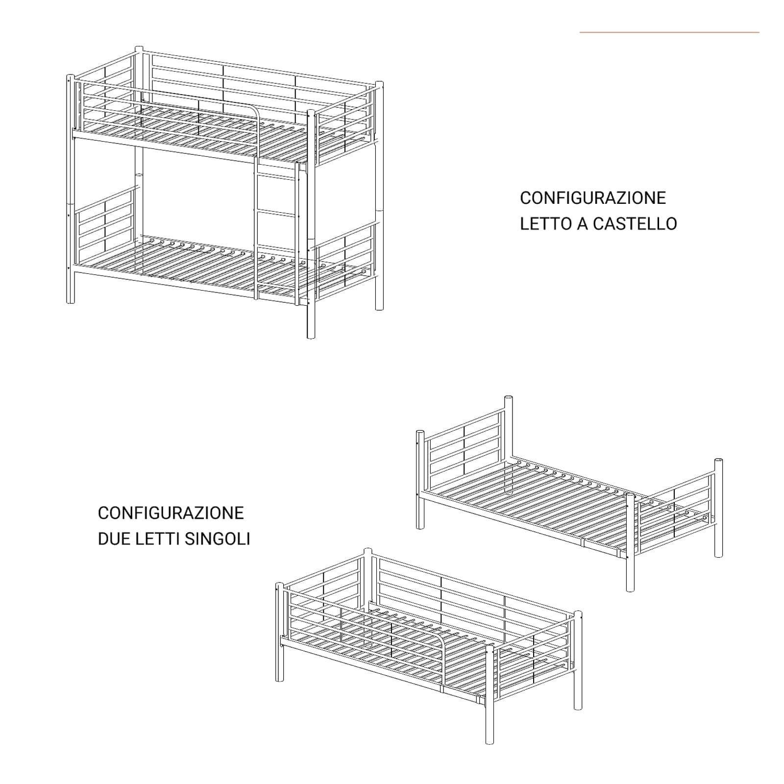 Letto a castello trasformabile in 2 letti singoli 90x190 cm in metallo nero opaco con 2 cassettoni - Jenson