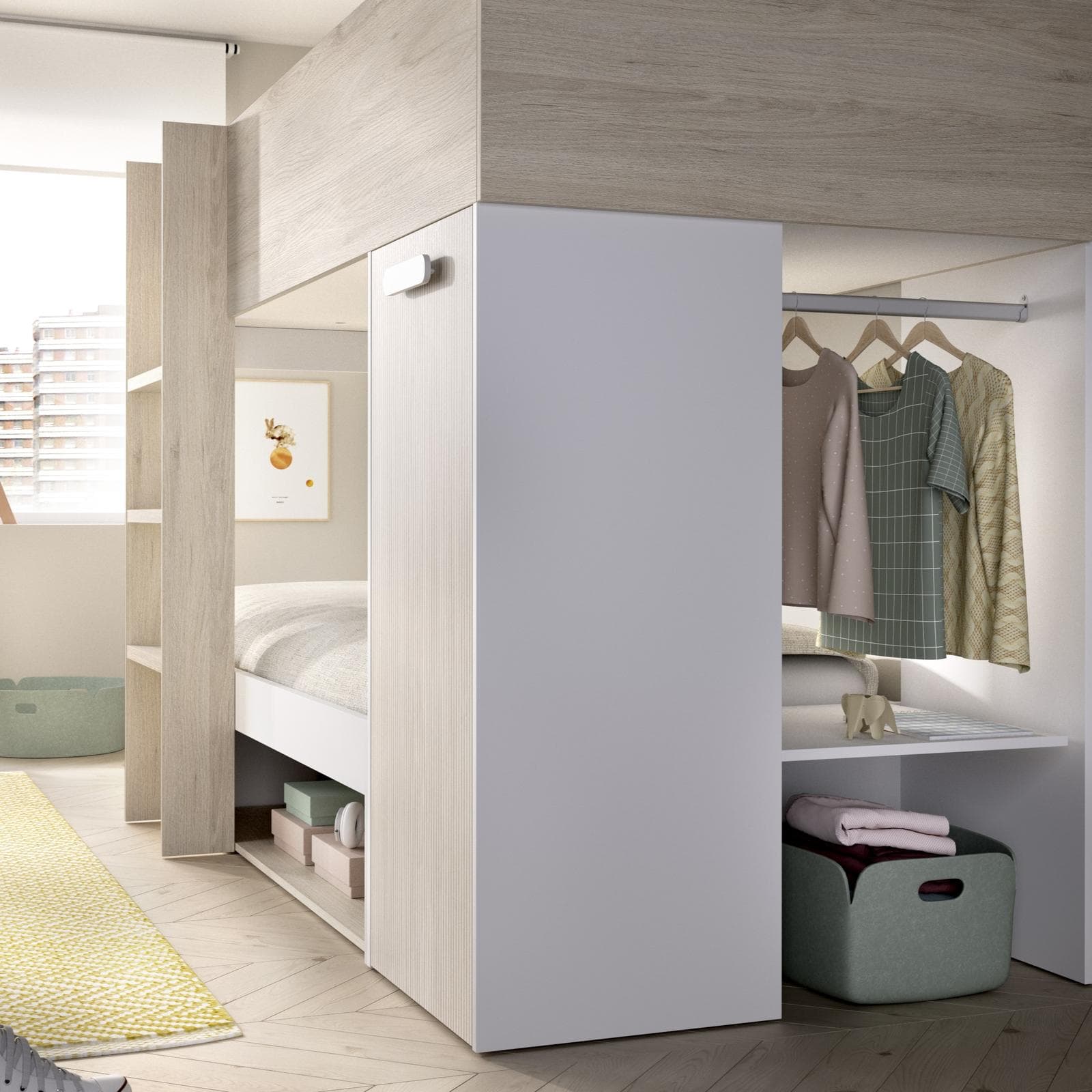 Letto a castello 246x112 cm bianco ed effetto rovere naturale e cannettato con armadio - Virgo