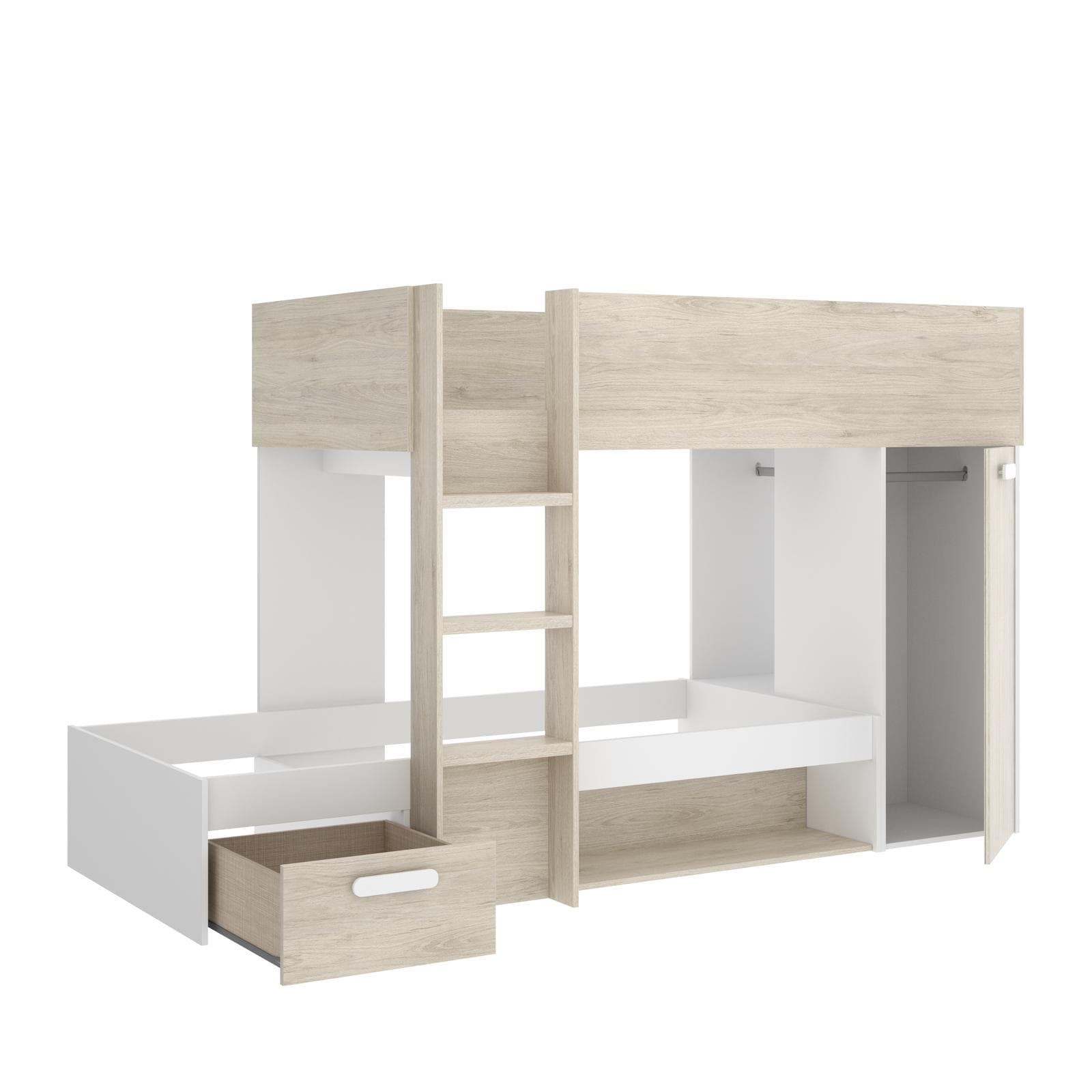 Letto a castello 246x112 cm bianco ed effetto rovere naturale e cannettato con armadio - Virgo