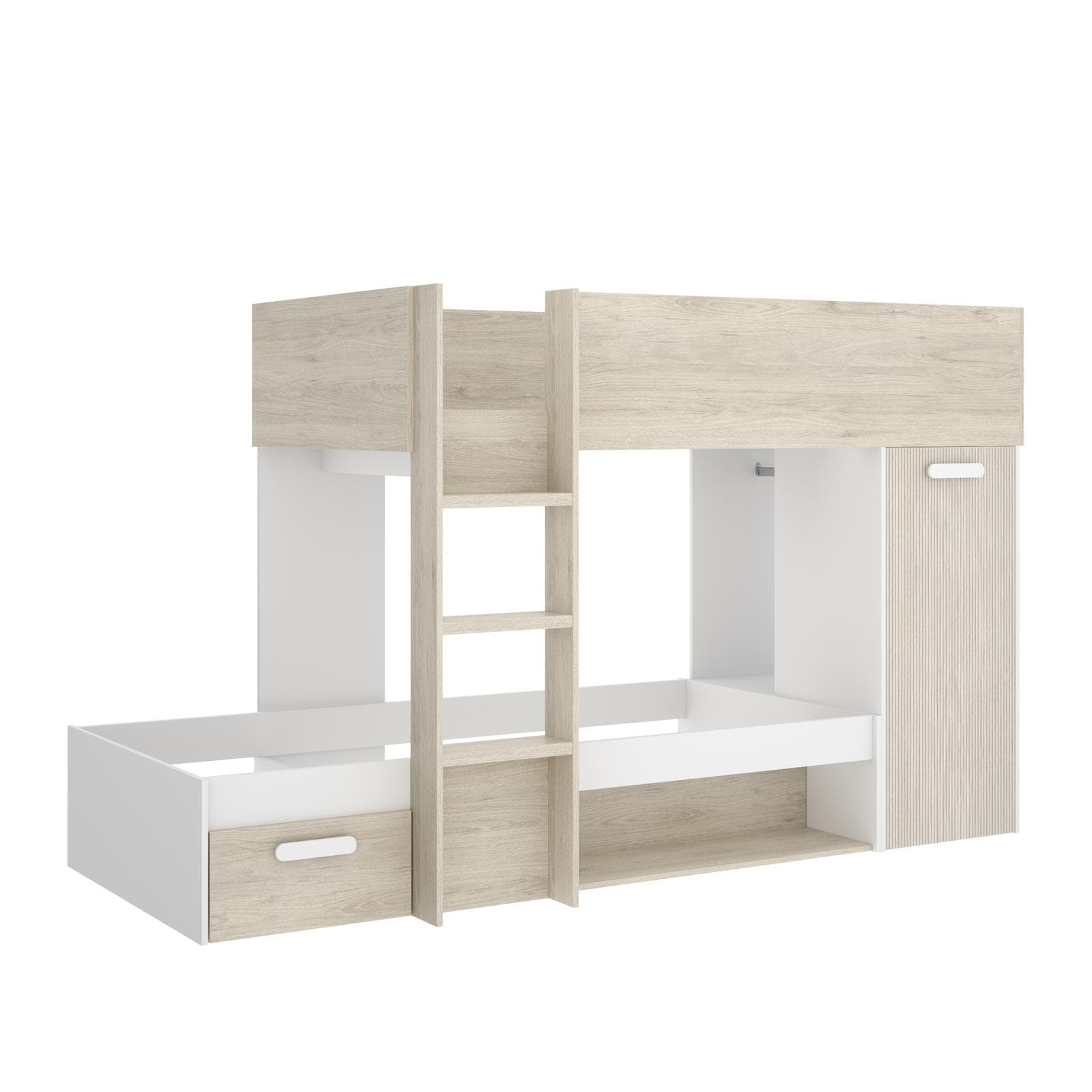 Letto a castello 246x112 cm bianco ed effetto rovere naturale e cannettato con armadio - Virgo