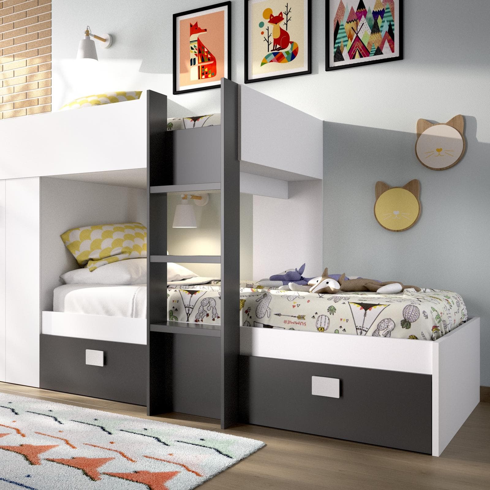 Letto a castello 271x111 cm bianco e antracite con armadio e cassetti - Kaelith