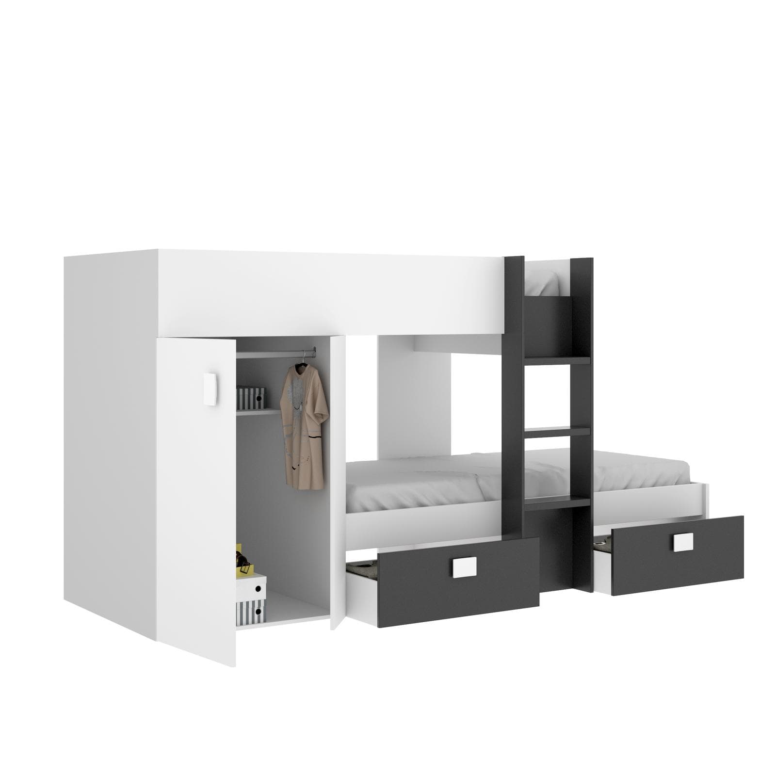 Letto a castello 271x111 cm bianco e antracite con armadio e cassetti - Kaelith
